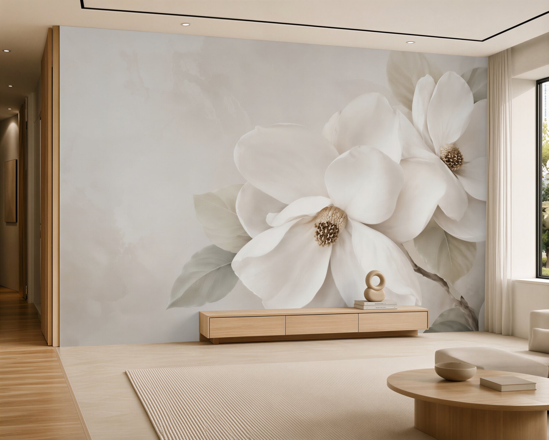 Fototapeta białe magnolie na beżowym tle elegancka do salonu?v2345