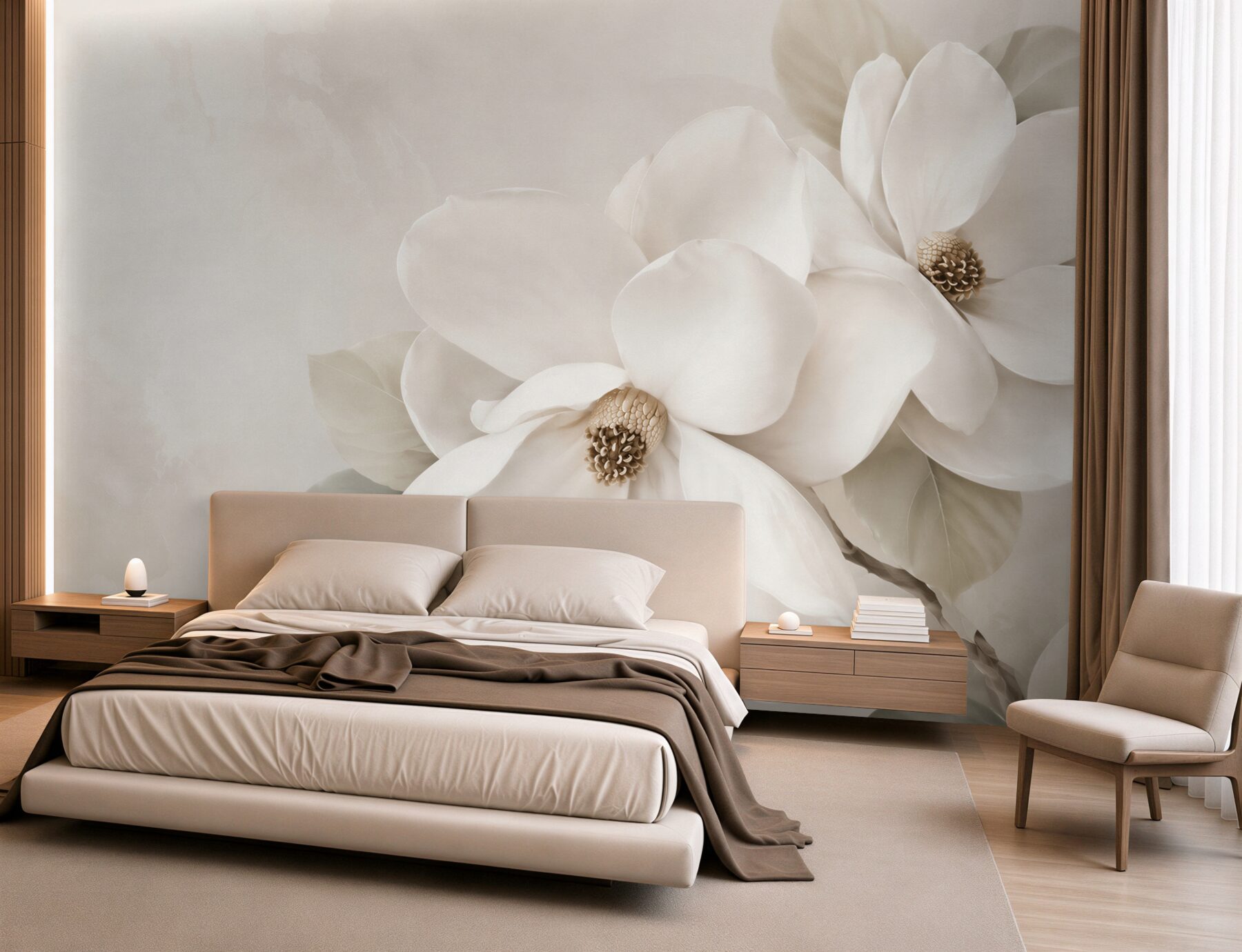Fototapeta białe magnolie na beżowym tle elegancka do salonu?v2345