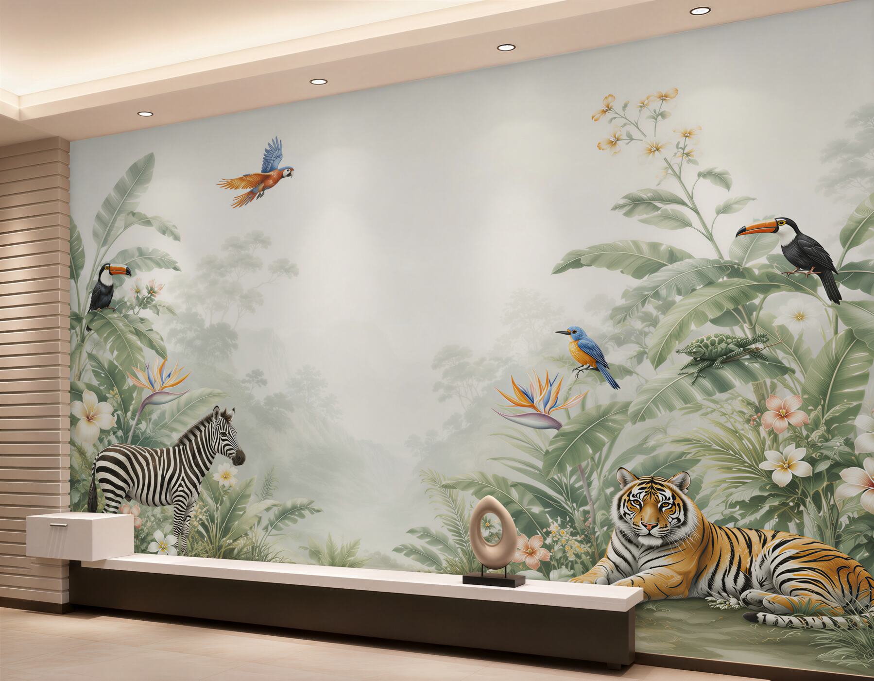 Fototapeta dżungla ze zwierzętami zebra tygrys i tukany pastelowa?v2345