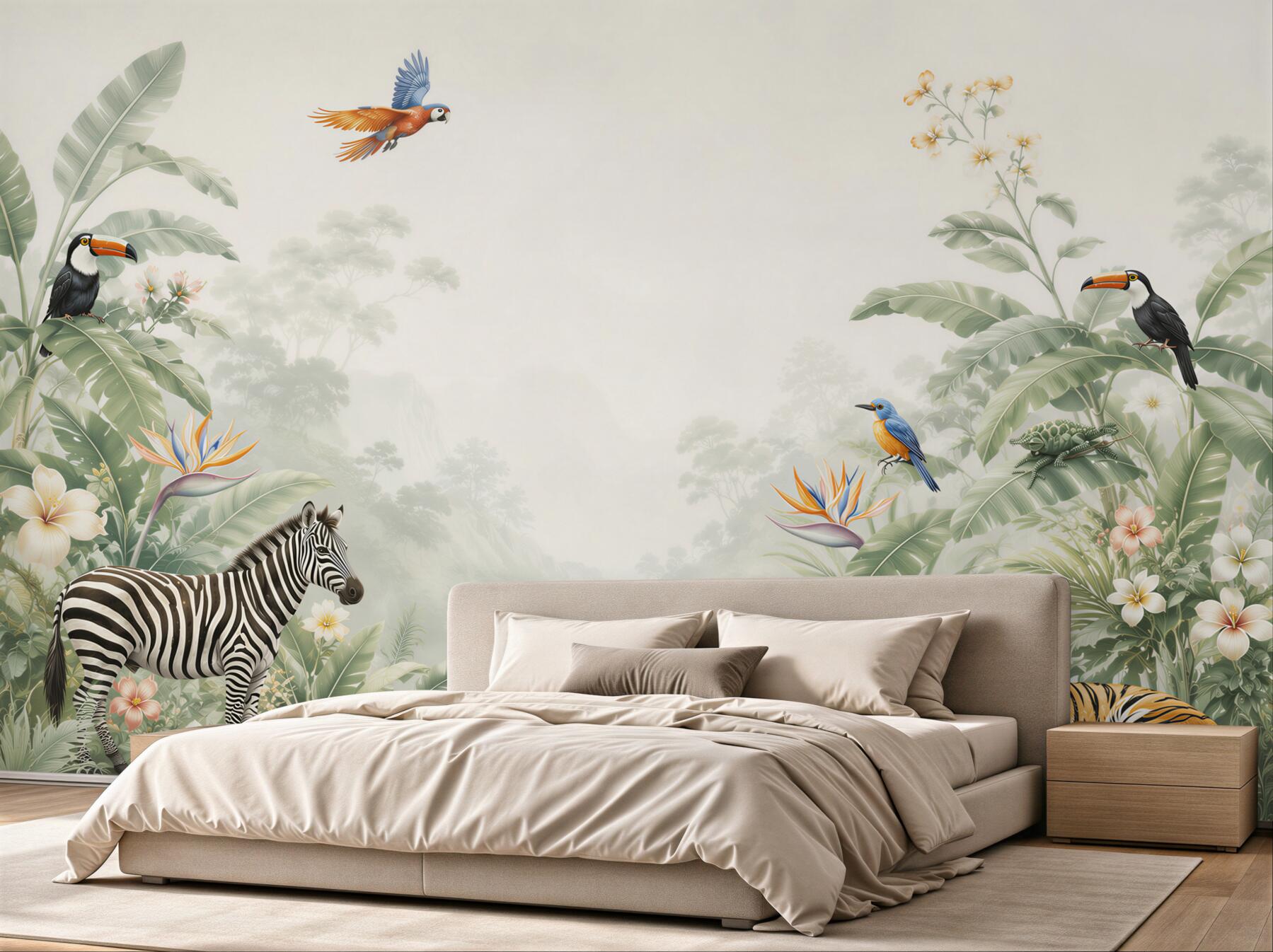 Fototapeta dżungla ze zwierzętami zebra tygrys i tukany pastelowa?v2345