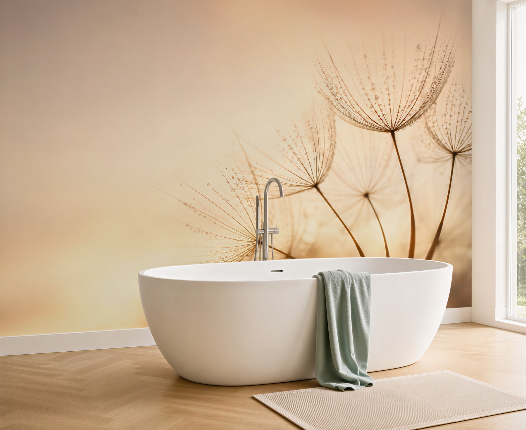 Fototapeta dmuchawce z kroplami rosy w ciepłych beżowych tonach?v2345