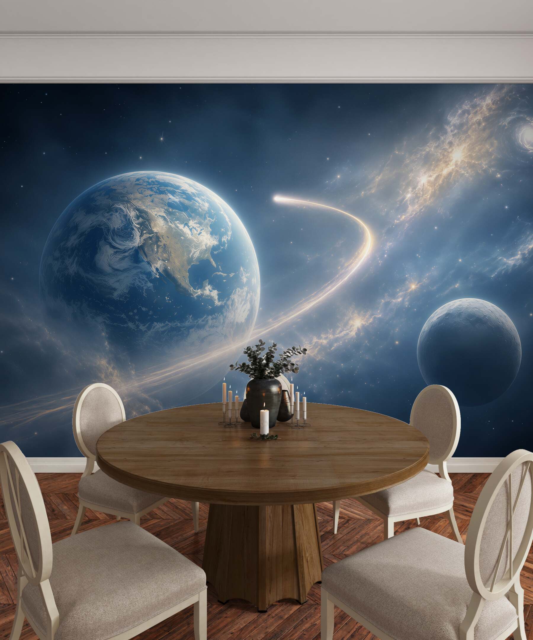 Fototapeta kosmos z planetami i galaktyką w błękitnych odcieniach?v2345