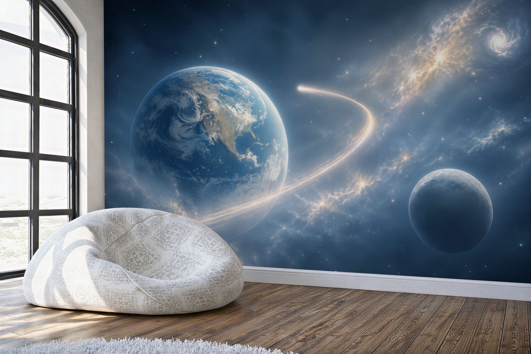 Fototapeta kosmos z planetami i galaktyką w błękitnych odcieniach?v2345
