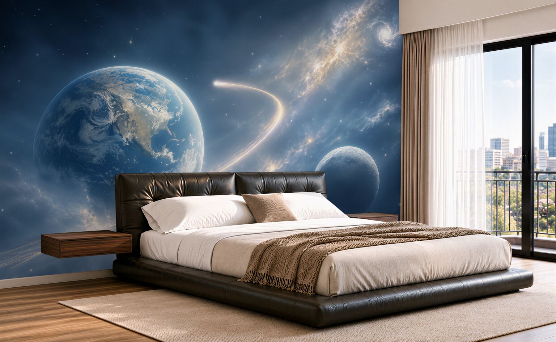 Fototapeta kosmos z planetami i galaktyką w błękitnych odcieniach?v2345