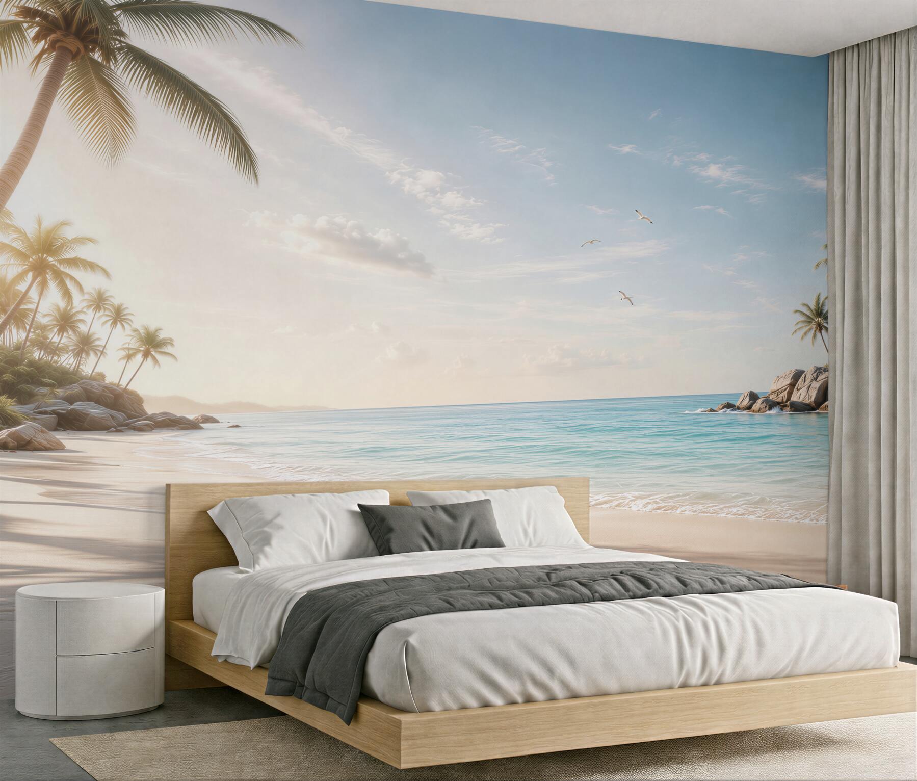 Fototapeta rajska plaża z palmami i spokojnym morzem o wschodzie słońca?v2345