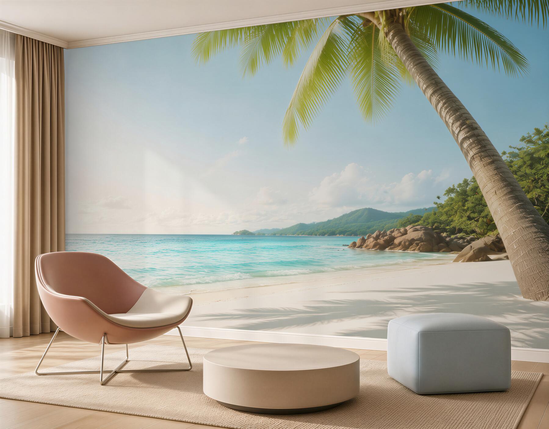 Fototapeta tropikalna plaża z palmą i turkusowym morzem relaksująca?v2345