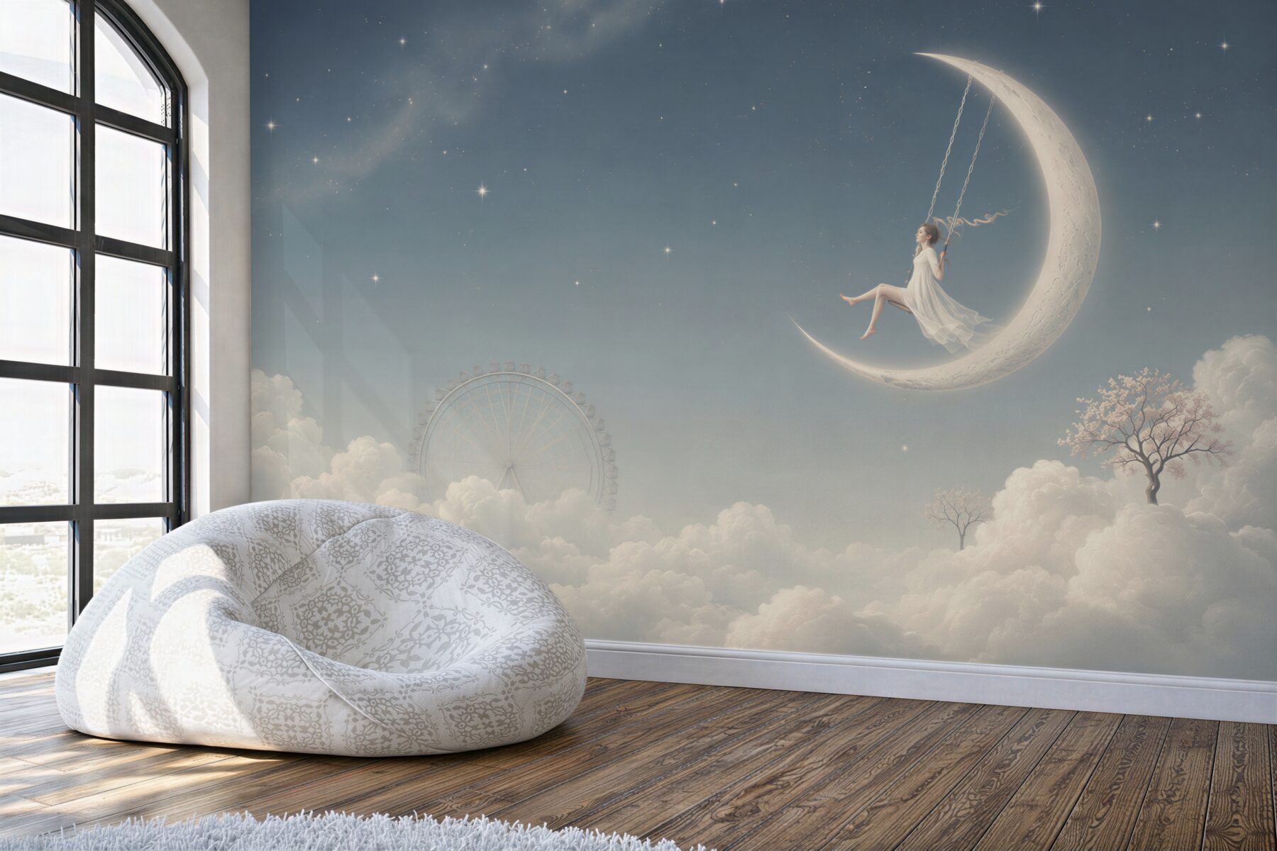Fototapeta dziewczyna na księżycu w chmurach pastelowa nocna sceneria?v2345