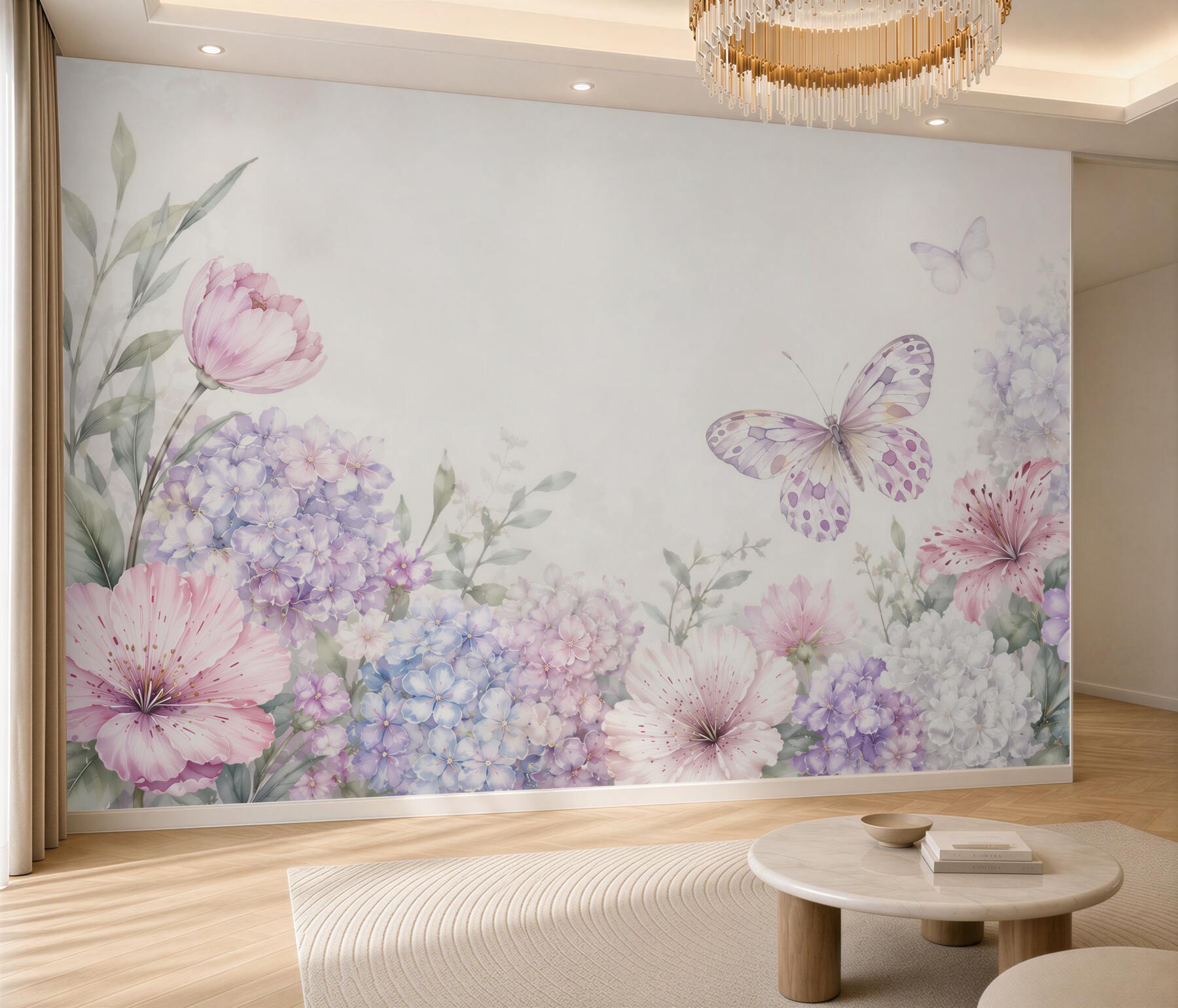 Fototapeta pastelowe kwiaty i motyl w romantycznym stylu do sypialni?v2345