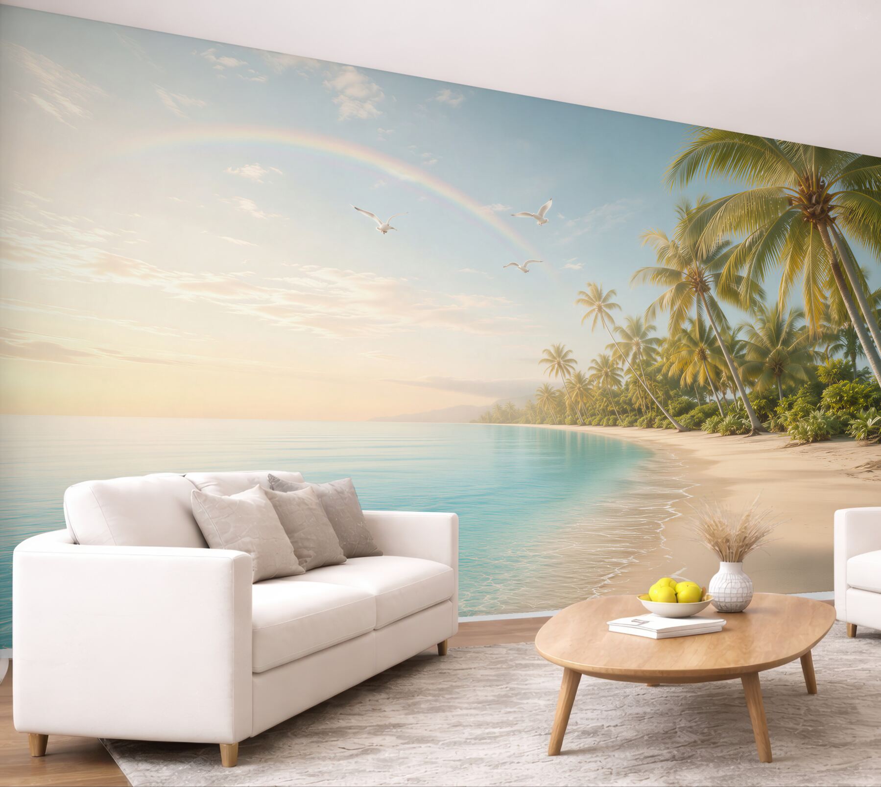Fototapeta tropikalna plaża z palmami i tęczą nad turkusowym morzem?v2345