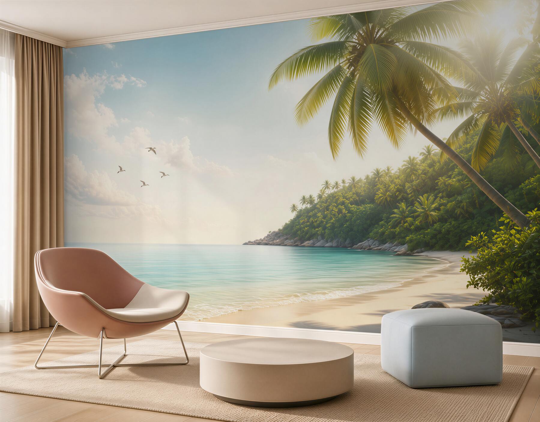 Fototapeta tropikalna plaża z palmami i turkusowym morzem o poranku?v2345