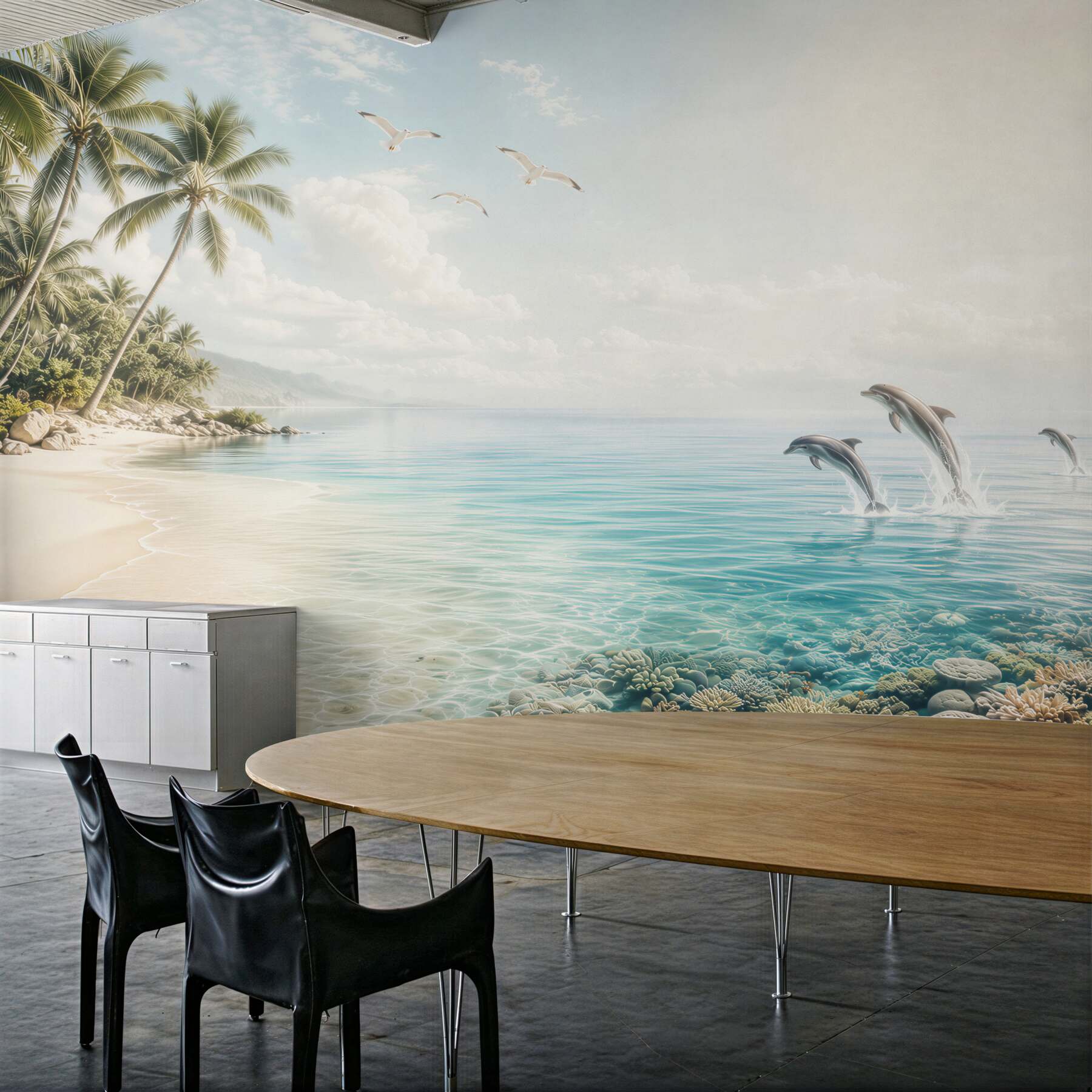 Fototapeta tropikalna plaża z delfinami i palmami w jasnych błękitach?v2345