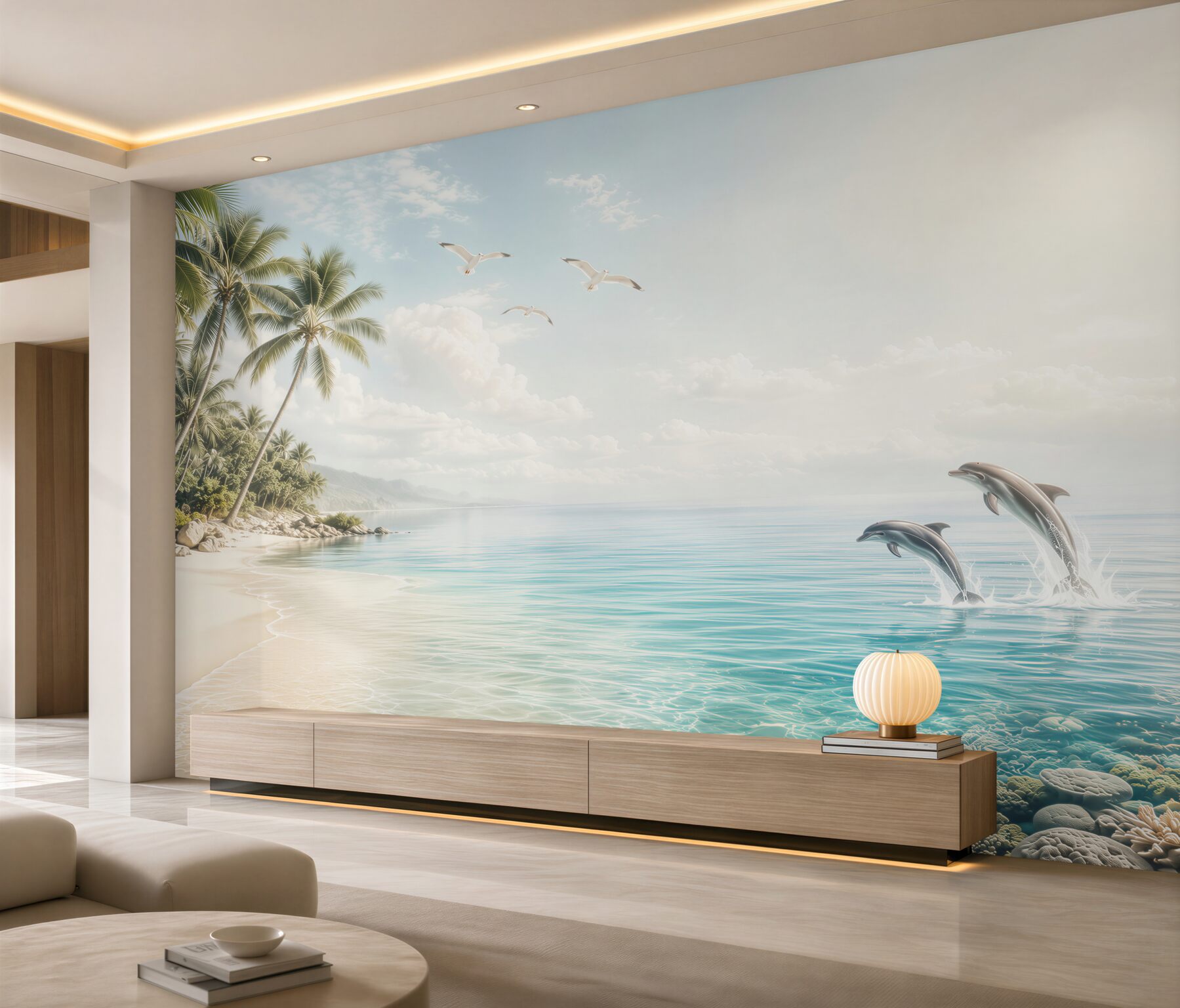 Fototapeta tropikalna plaża z delfinami i palmami w jasnych błękitach?v2345