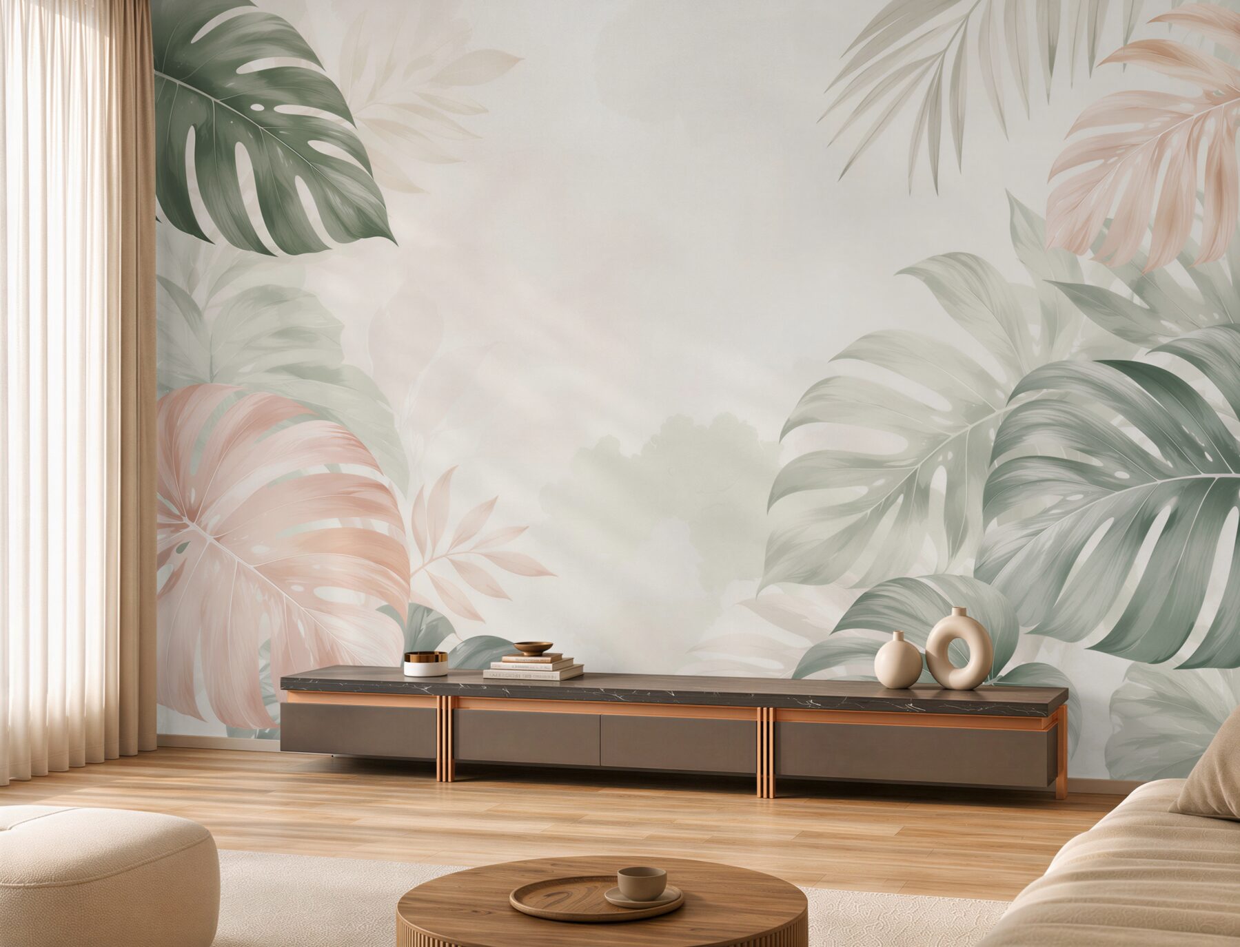 Fototapeta liście monstera pastelowe beżowo zielone w stylu tropical?v2345