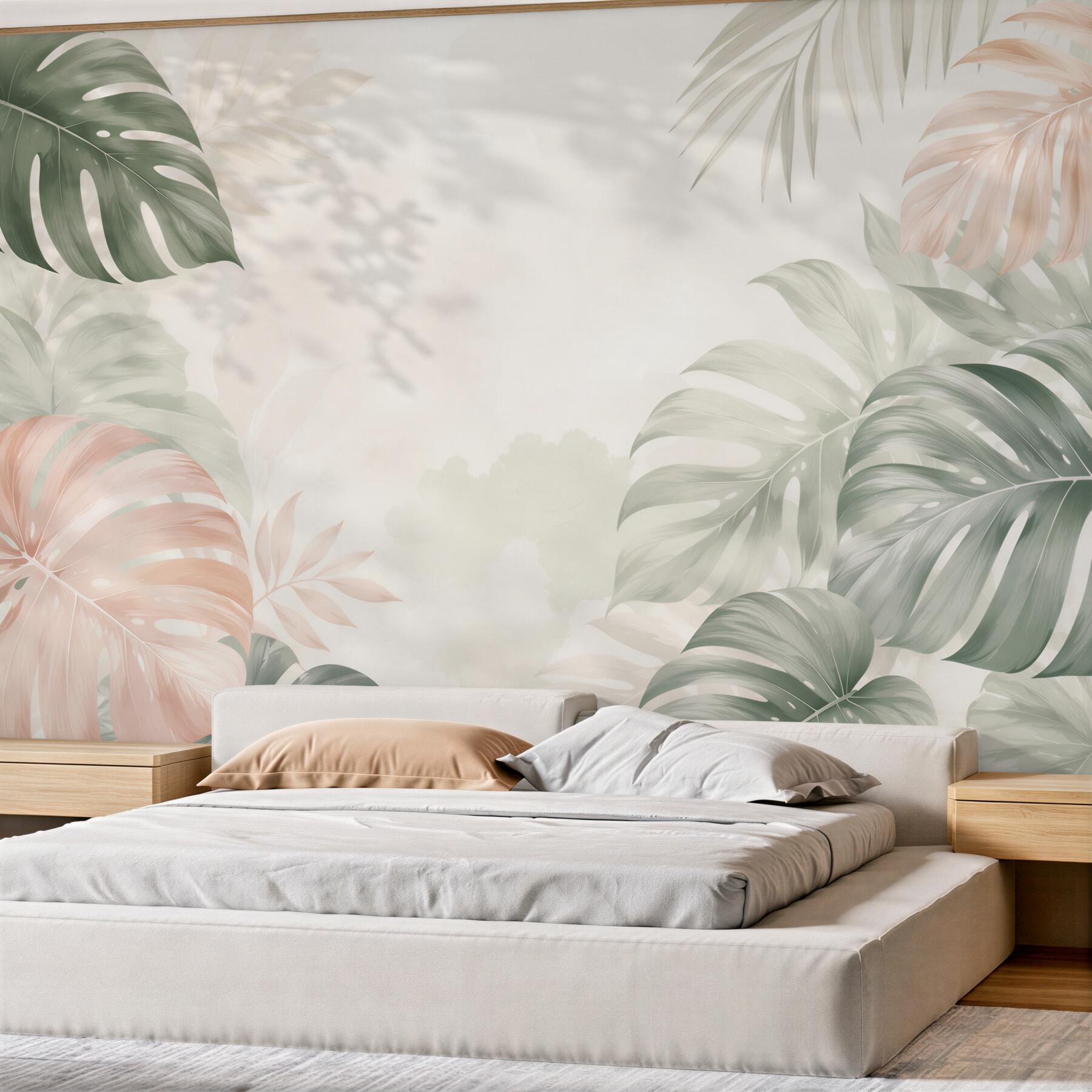 Fototapeta liście monstera pastelowe beżowo zielone w stylu tropical?v2345