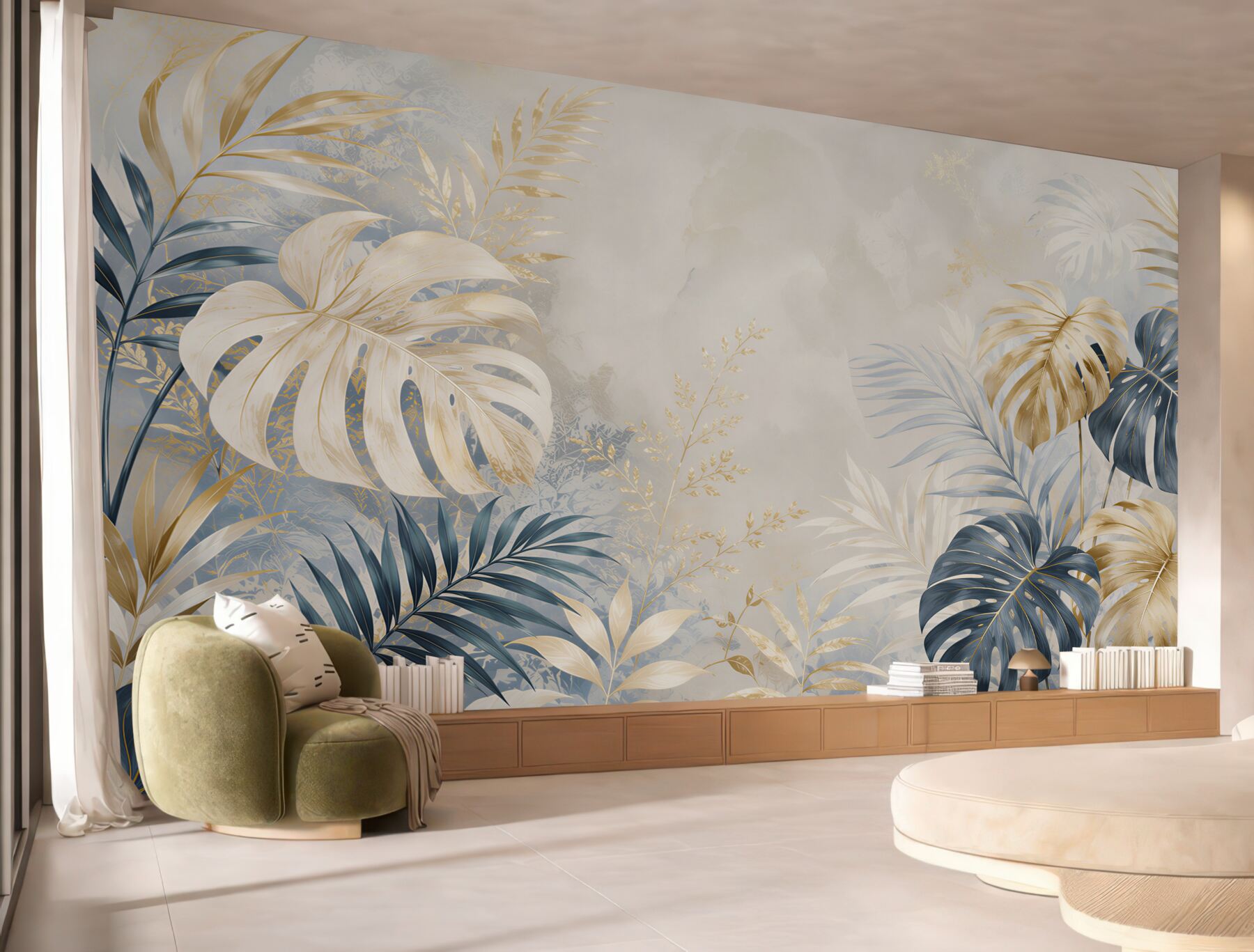 Fototapeta liście monstera granatowo złote eleganckie tropikalne do salonu?v2345
