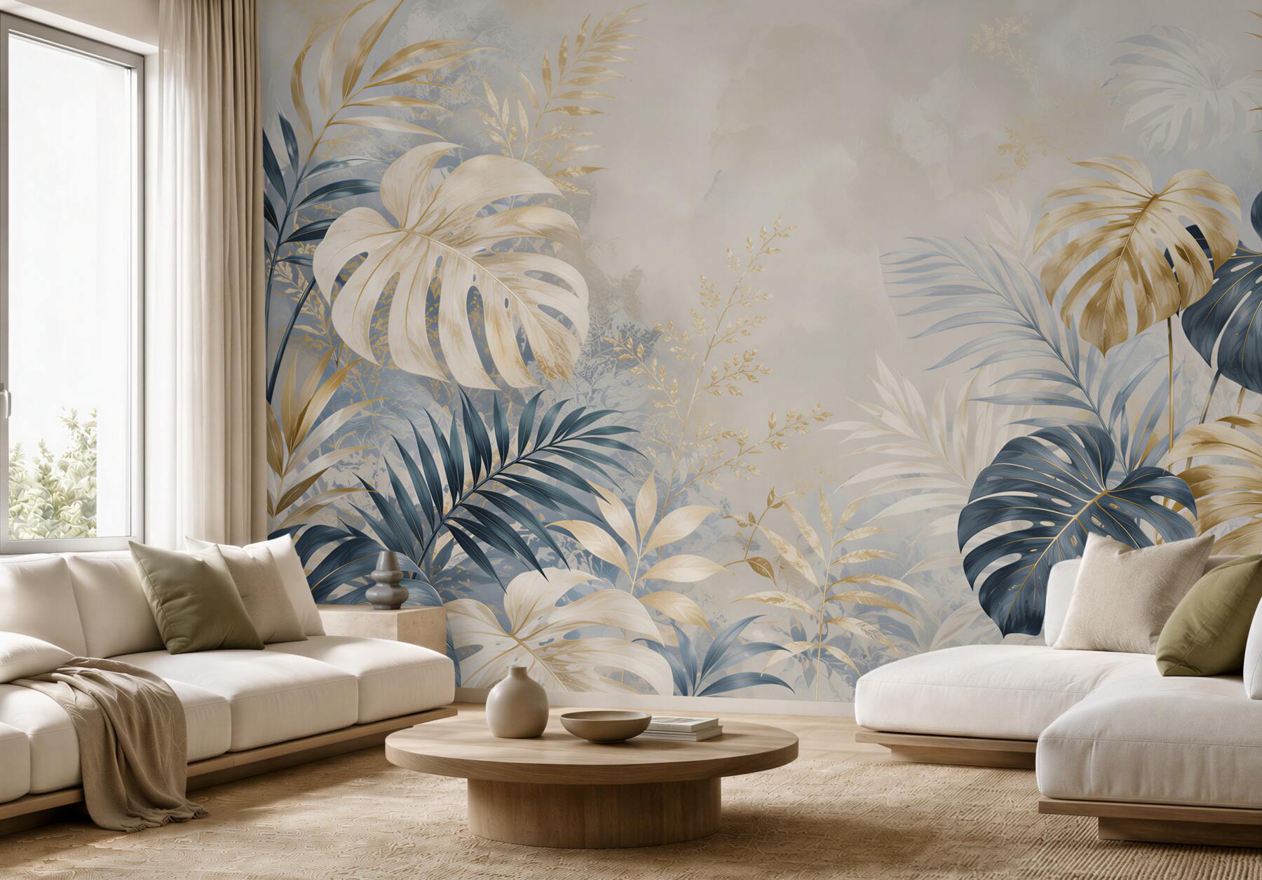 Fototapeta liście monstera granatowo złote eleganckie tropikalne do salonu?v2345