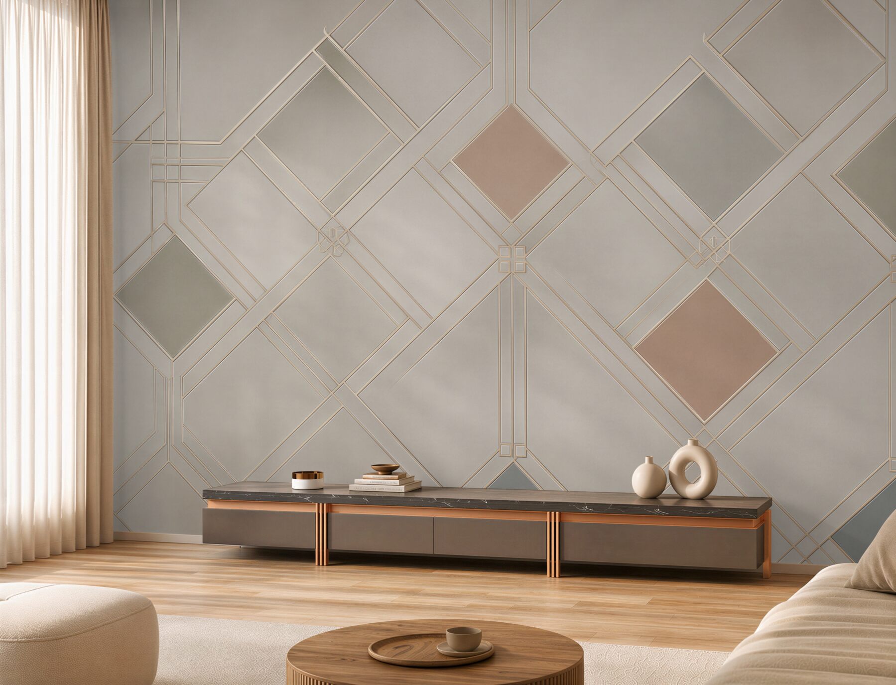 Fototapeta geometryczna kratka art deco beżowa z subtelnymi złotymi liniami?v2345