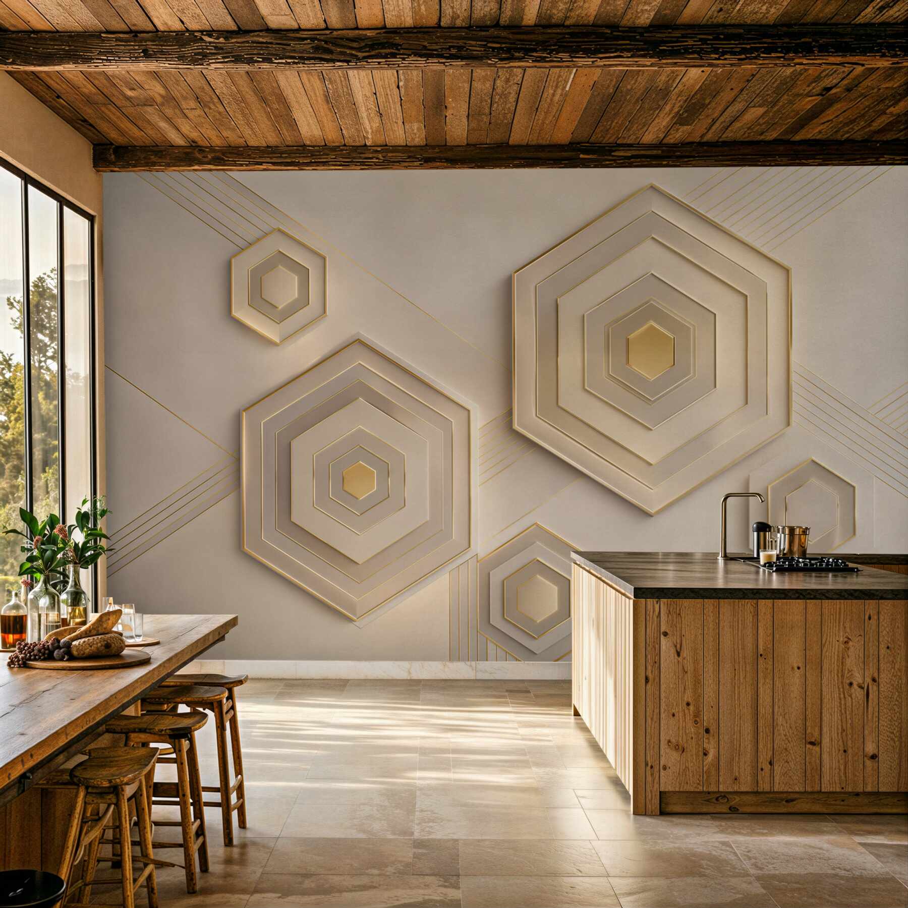 Fototapeta geometryczne heksagony beżowo złote nowoczesne 3D?v2345