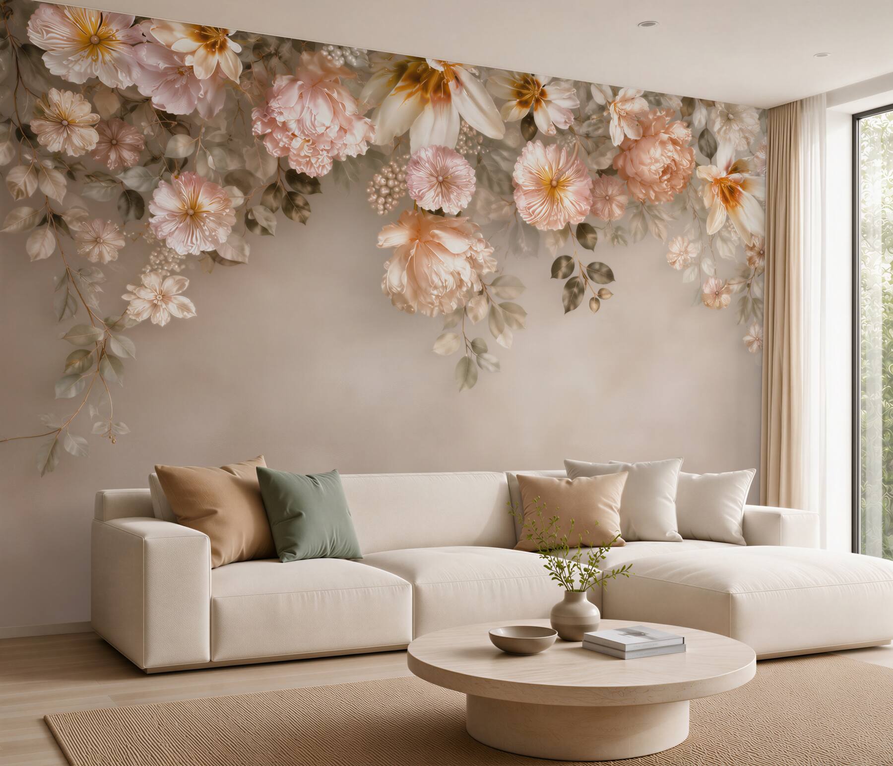Fototapeta kwiaty peonie i magnolie pudrowy róż na beżowym tle?v2345