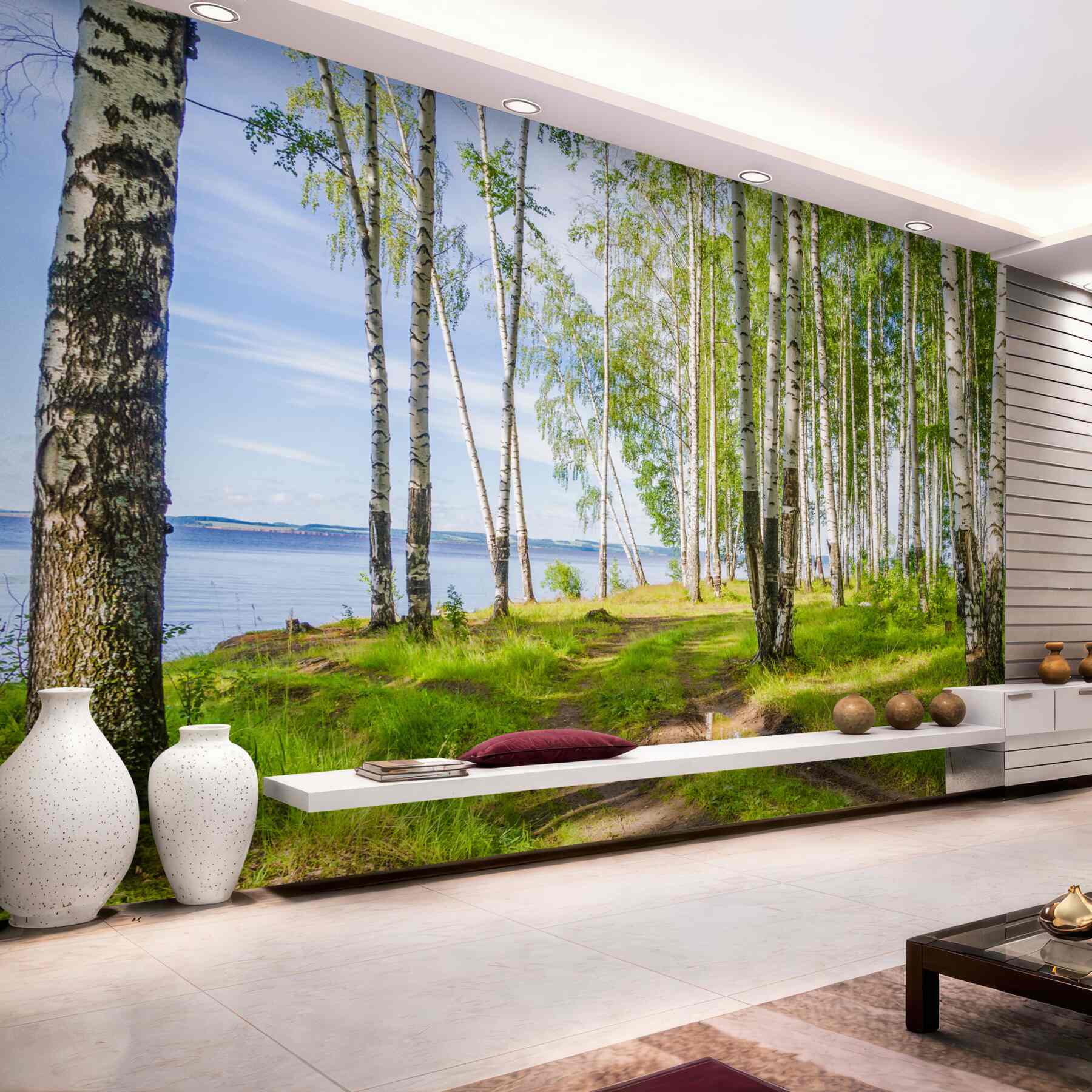Fototapeta zielona łąka brzozowa w pobliżu jeziora?v2345