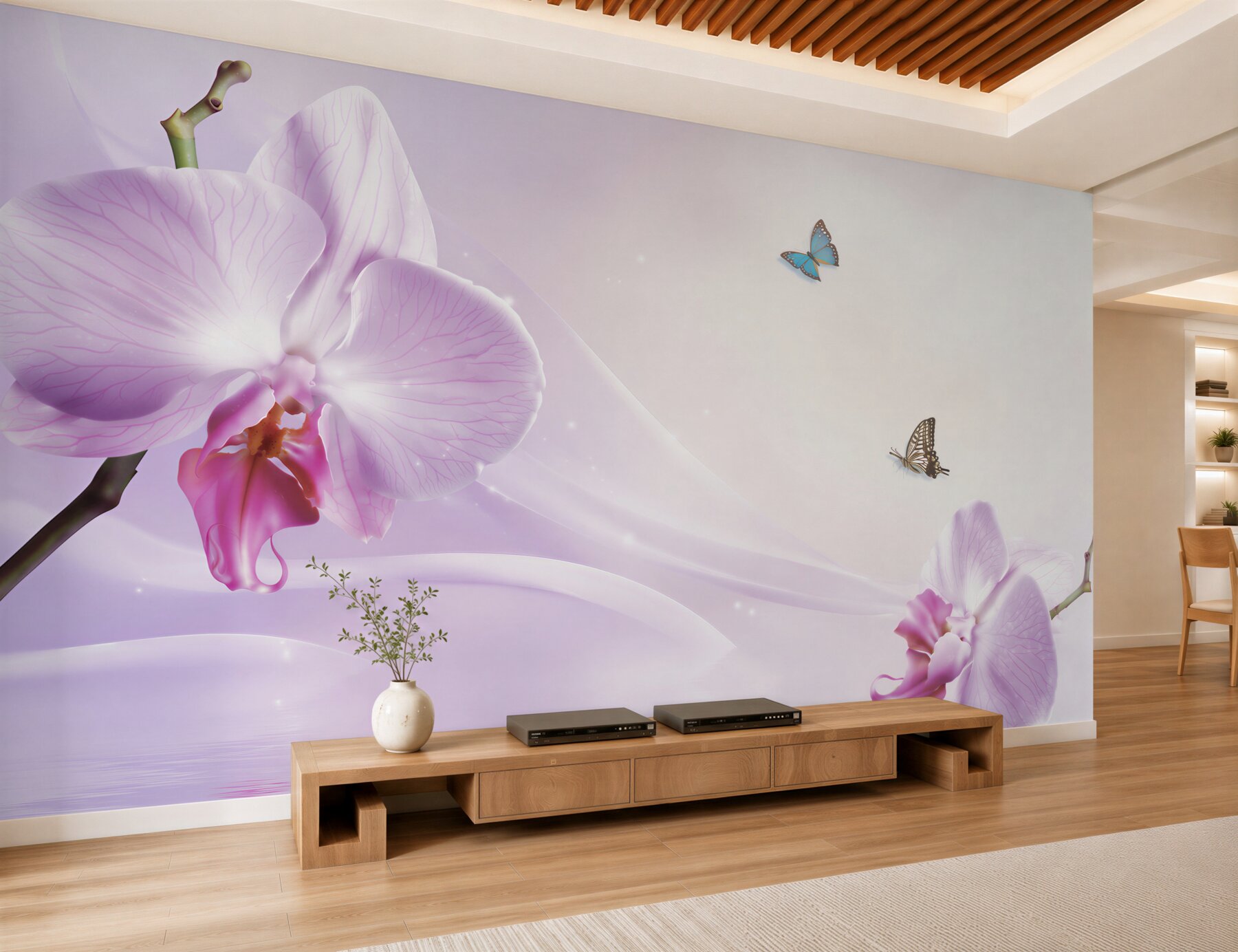 Fototapeta liliowe orchidee i motyle na tle geometrycznym?v2345