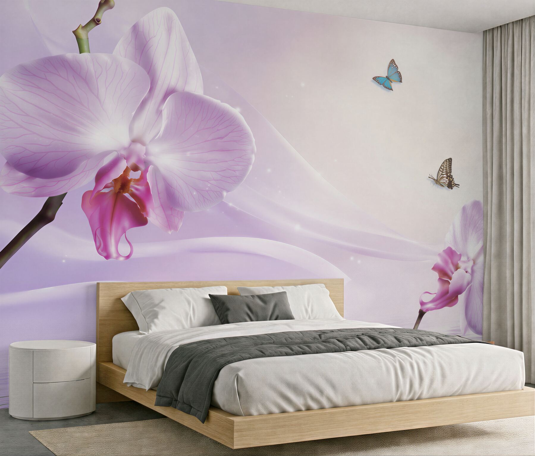 Fototapeta liliowe orchidee i motyle na tle geometrycznym?v2345