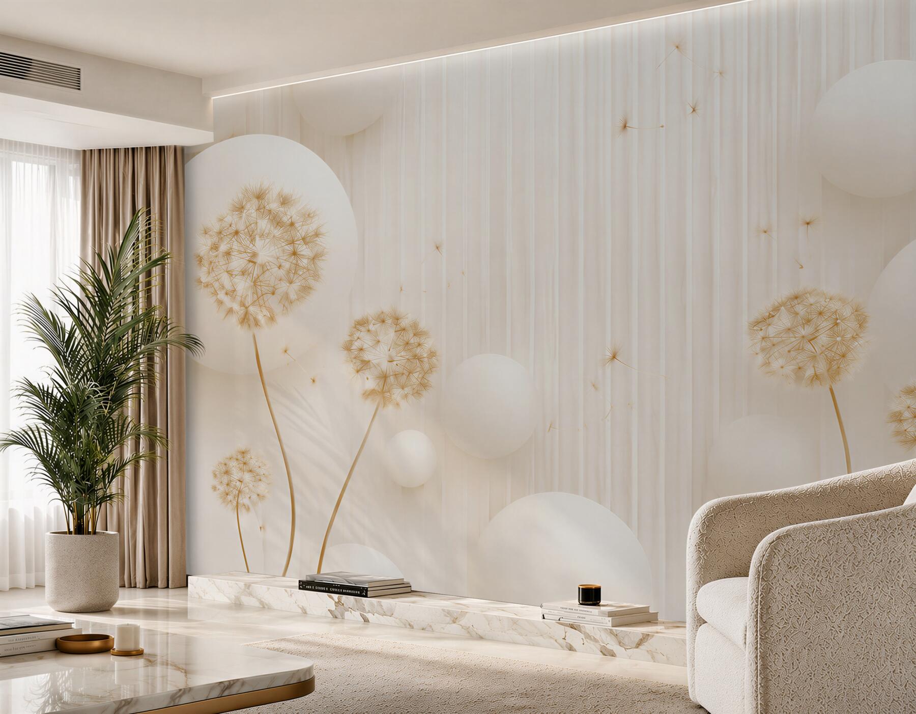 Fototapeta złote mlecze i pływające białe kulki?v2345