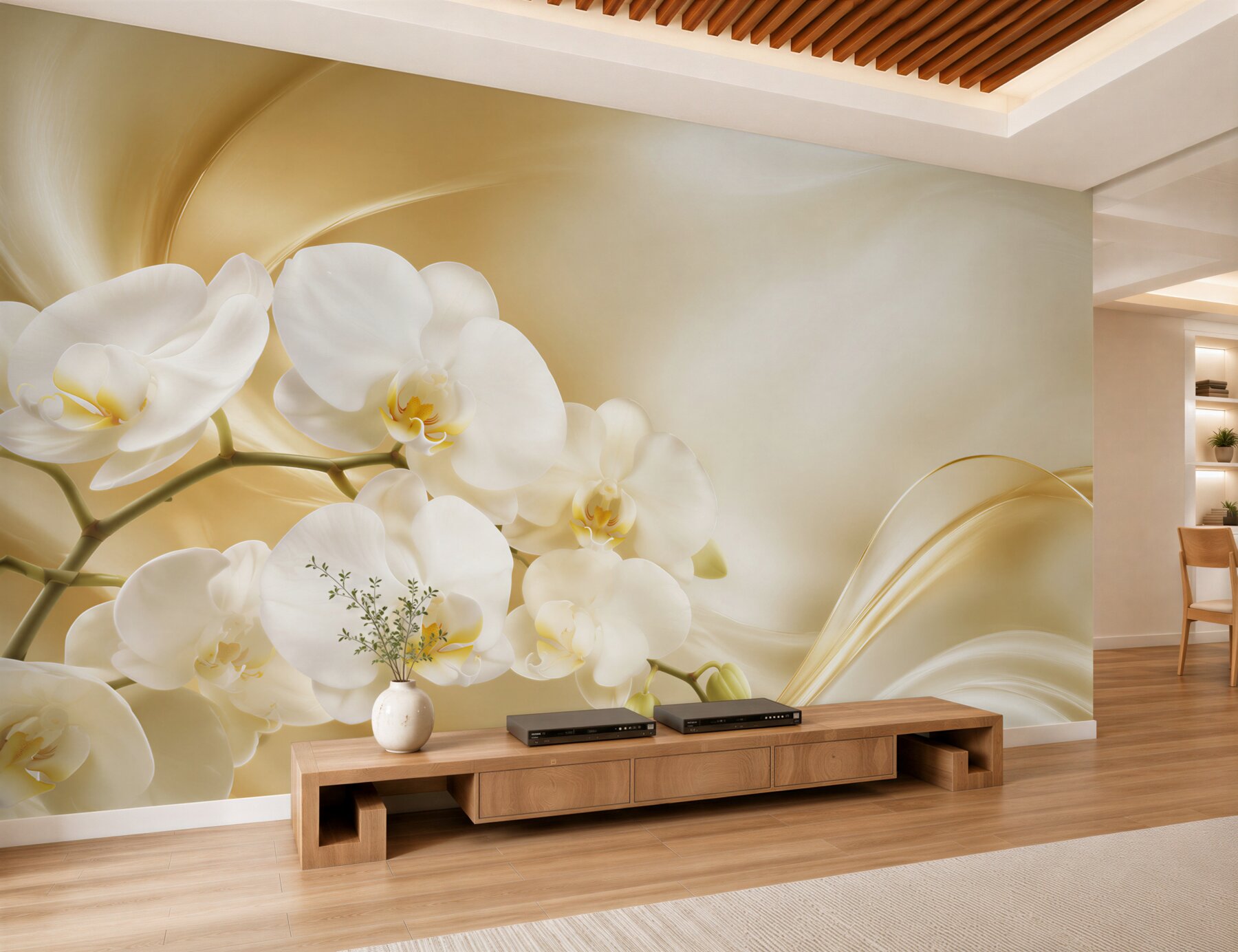 Fototapeta bujne białe orchidee na brązowym jedwabiu?v2345