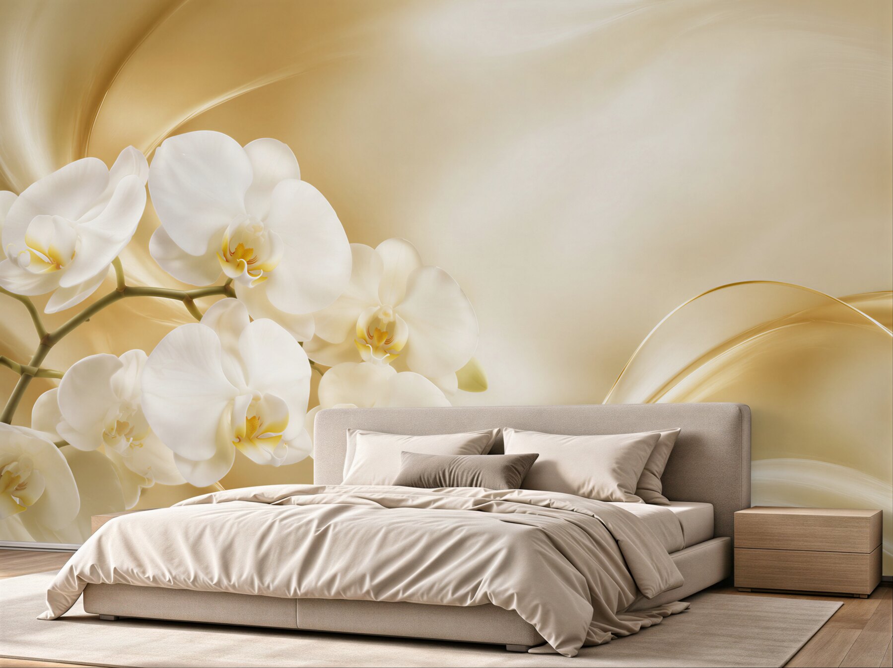 Fototapeta bujne białe orchidee na brązowym jedwabiu?v2345