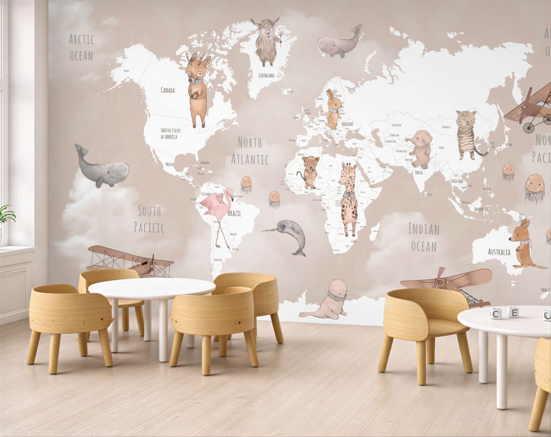 Fototapeta mapa świata ze zwierzętami i samolotami?v2345