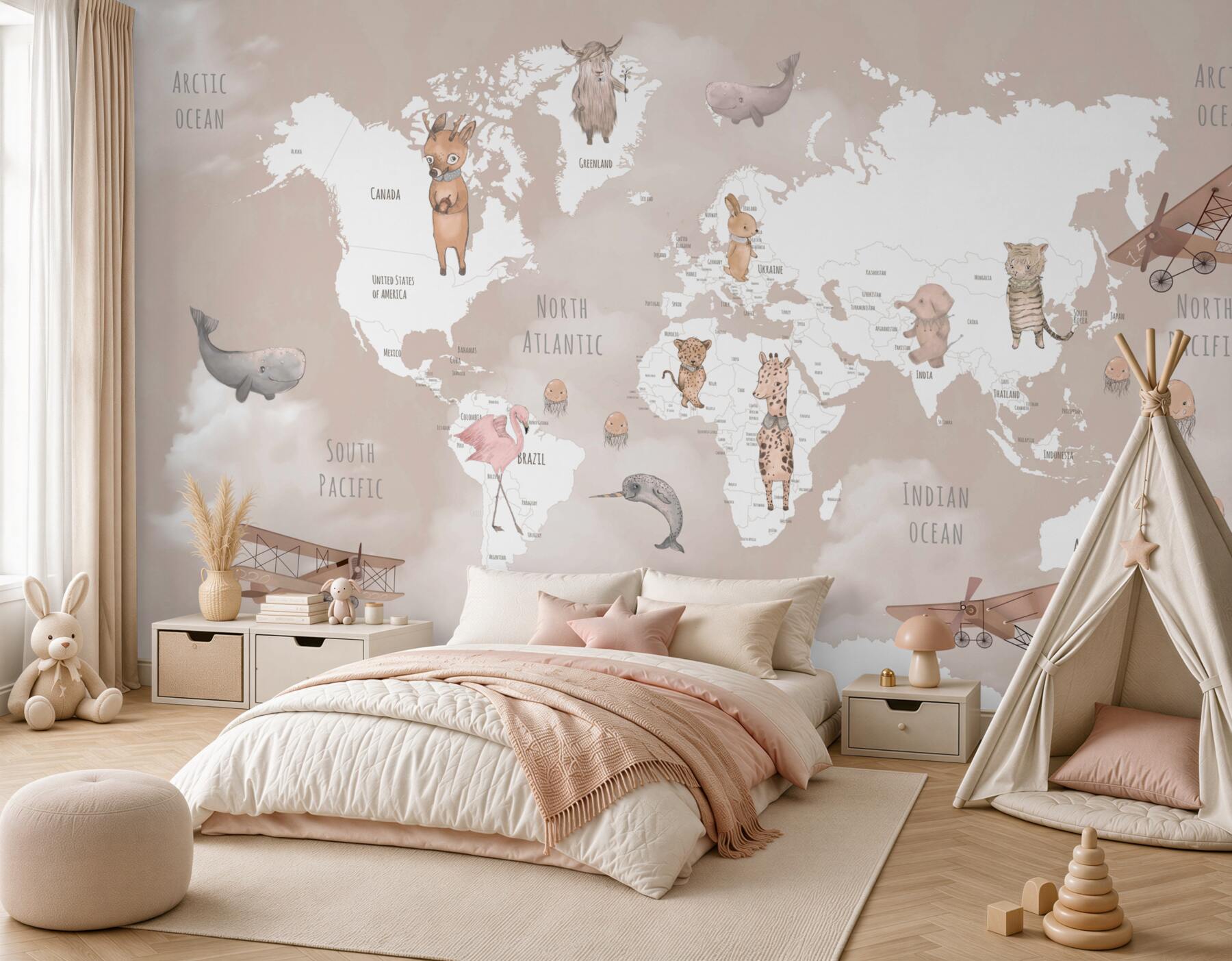 Fototapeta mapa świata ze zwierzętami i samolotami?v2345