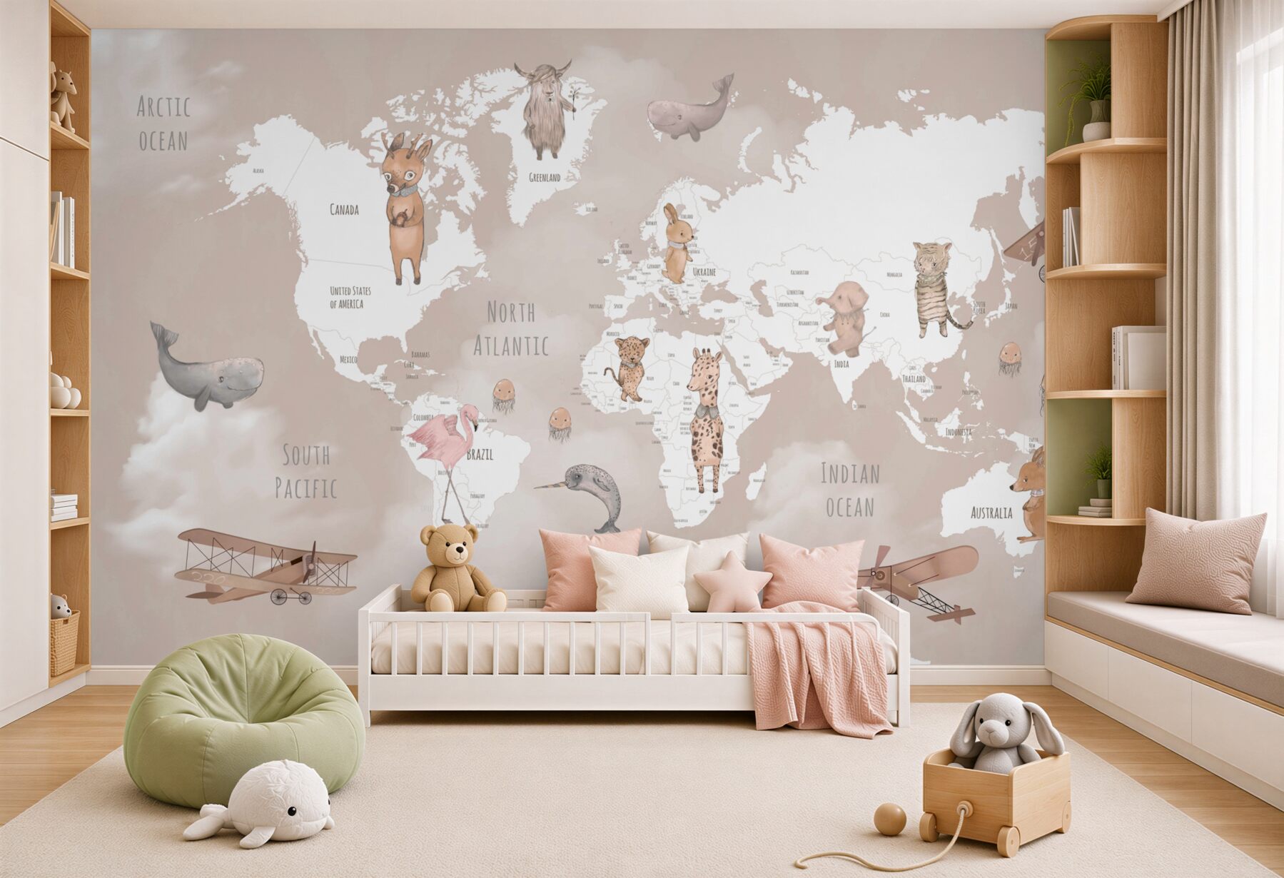 Fototapeta mapa świata ze zwierzętami i samolotami?v2345