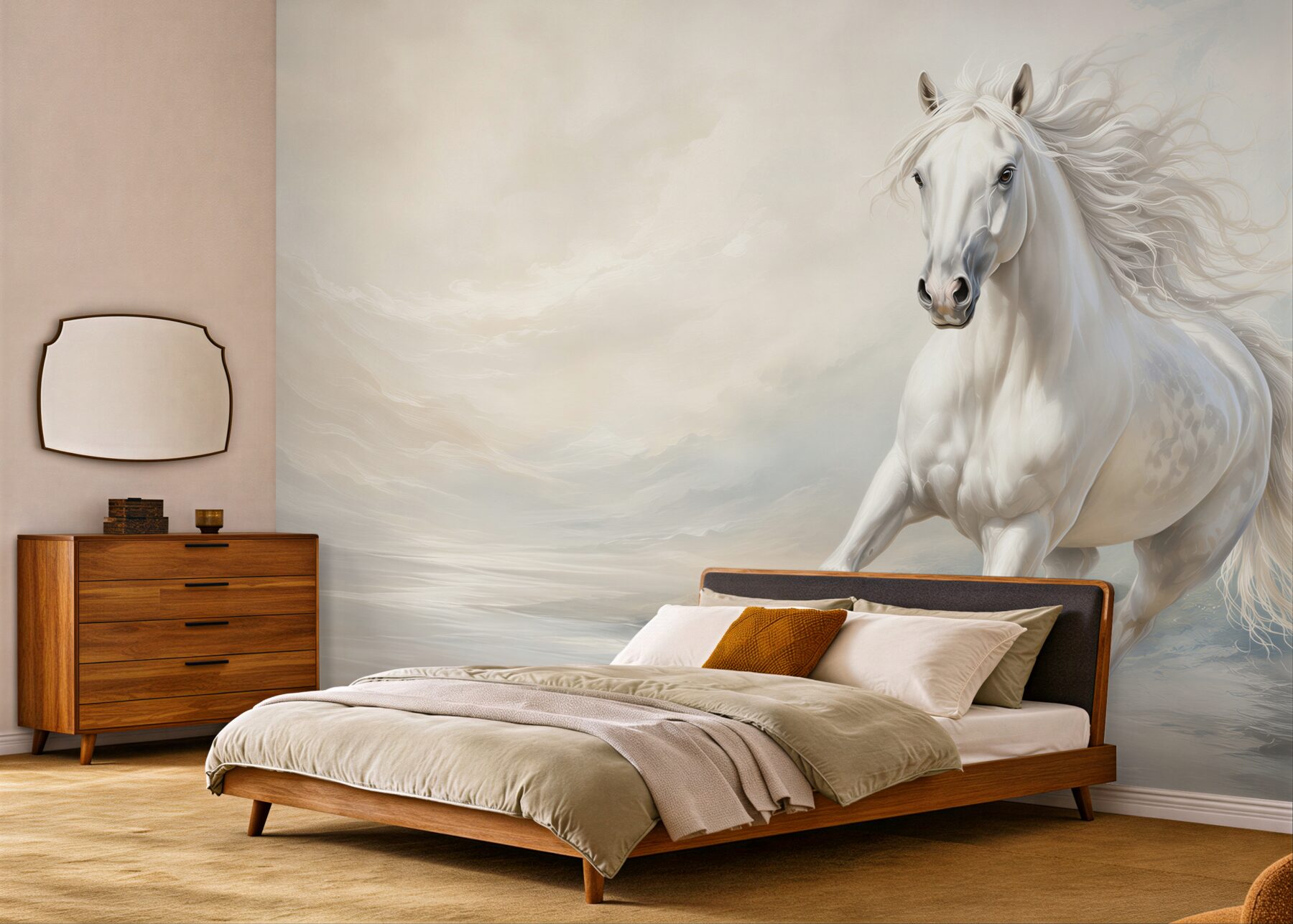 Fototapeta galop silnego białego konia z grzywą?v2345