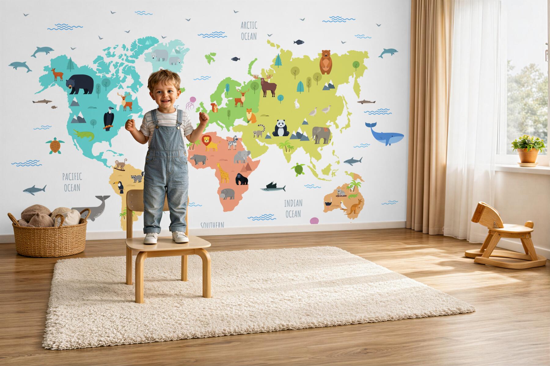 Fototapeta wielobarwna mapa świata ze zwierzętami?v2345