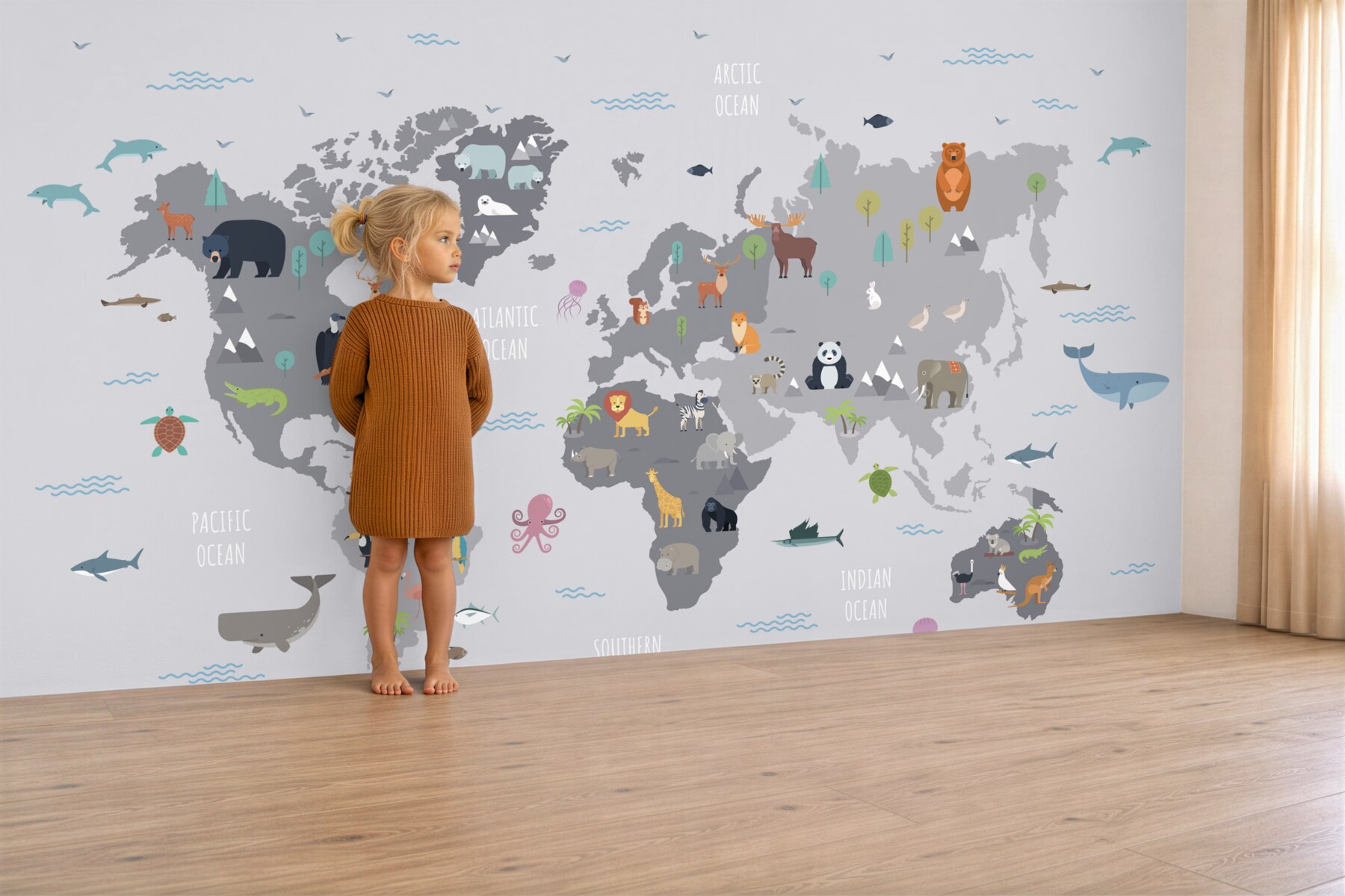 Fototapeta mapa świata ze zwierzętami w szarych kolorach?v2345