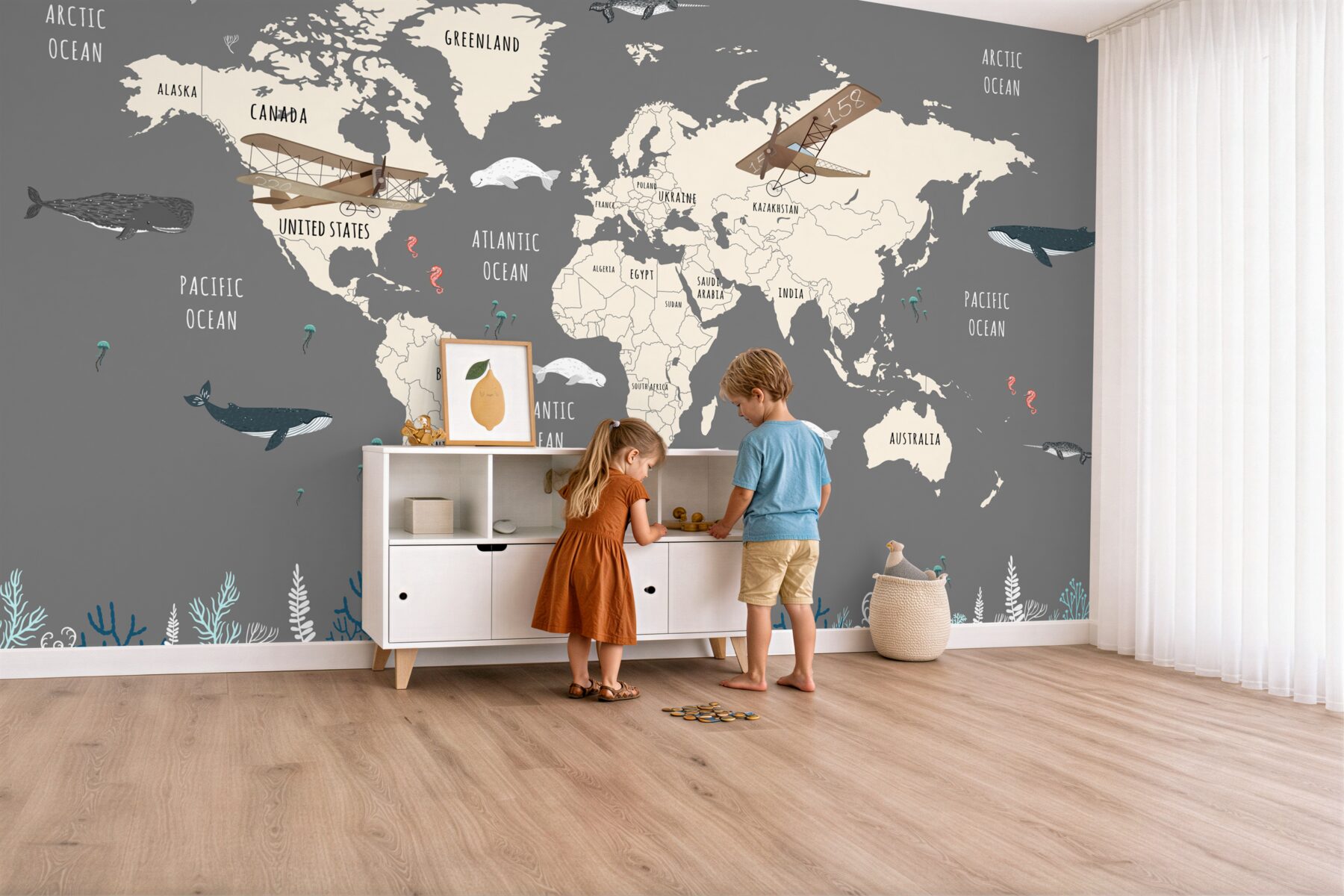 Fototapeta Mapa świata z podwodnymi zwierzętami?v2345