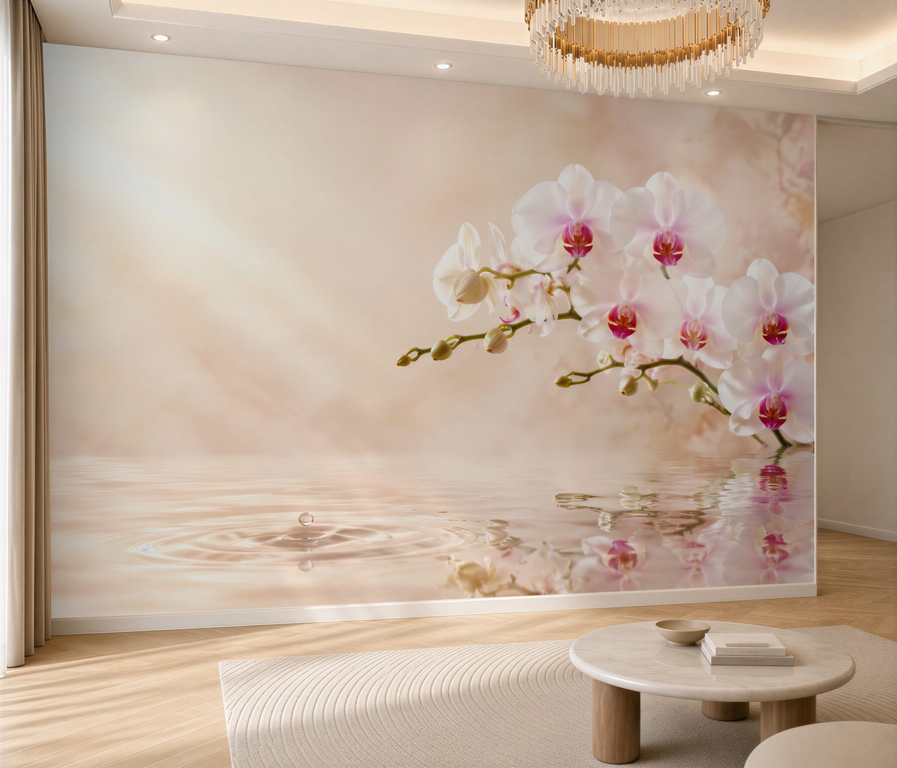 Fototapeta gałąź białej orchidei na wodzie w odbiciu?v2345