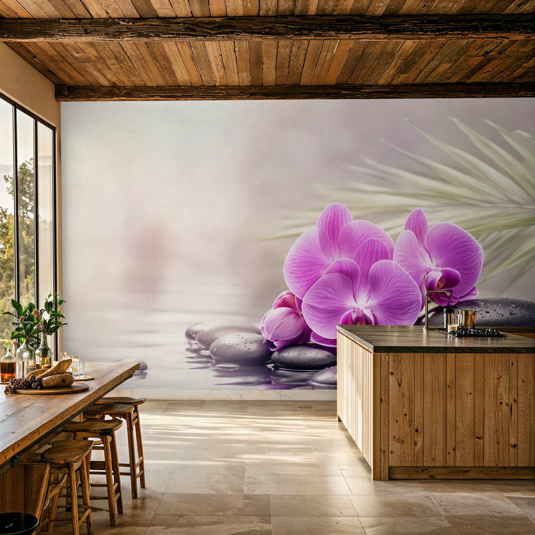 Fototapeta fioletowa orchidea na czarnym kamieniu w pobliżu wody?v2345