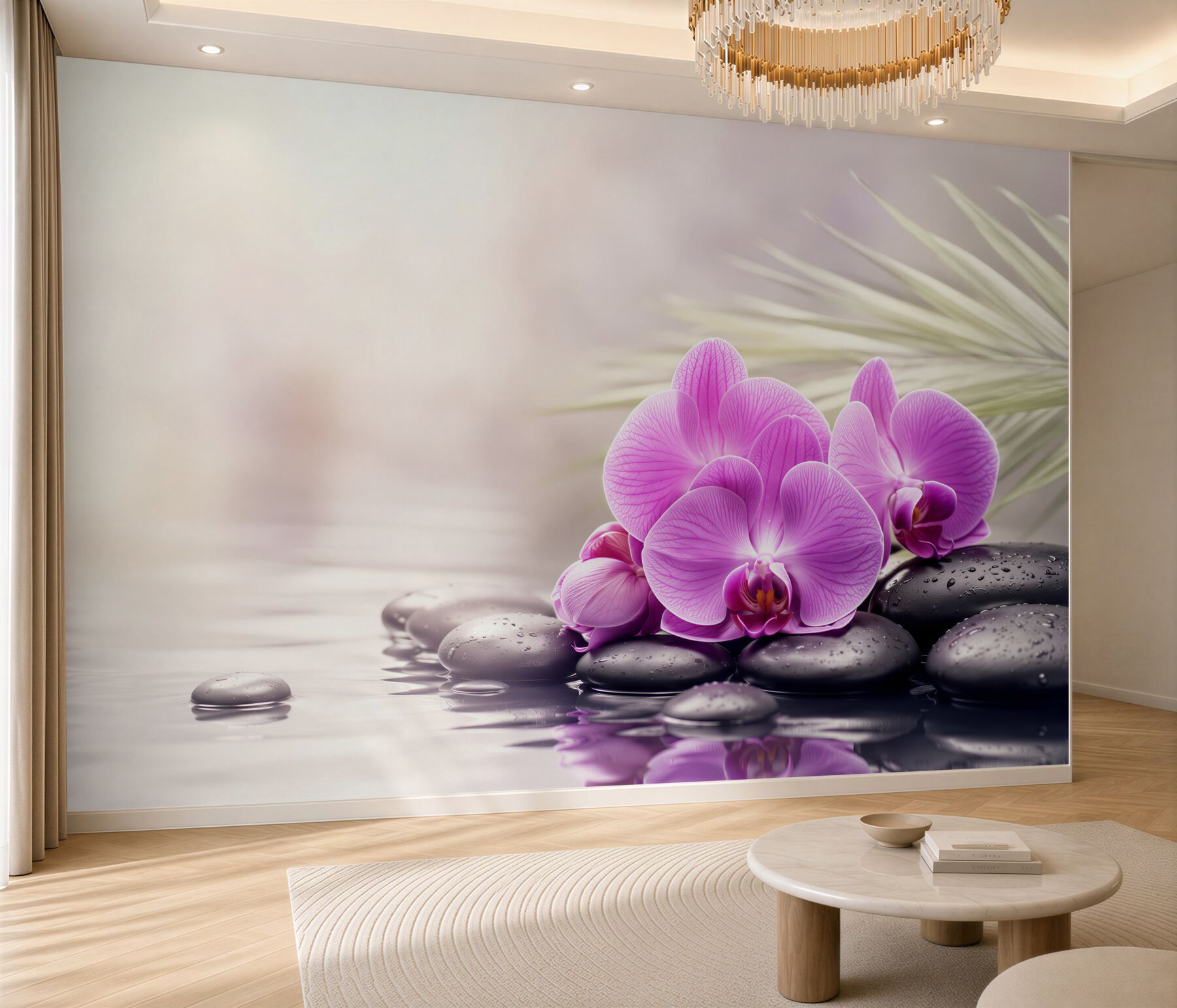 Fototapeta fioletowa orchidea na czarnym kamieniu w pobliżu wody?v2345