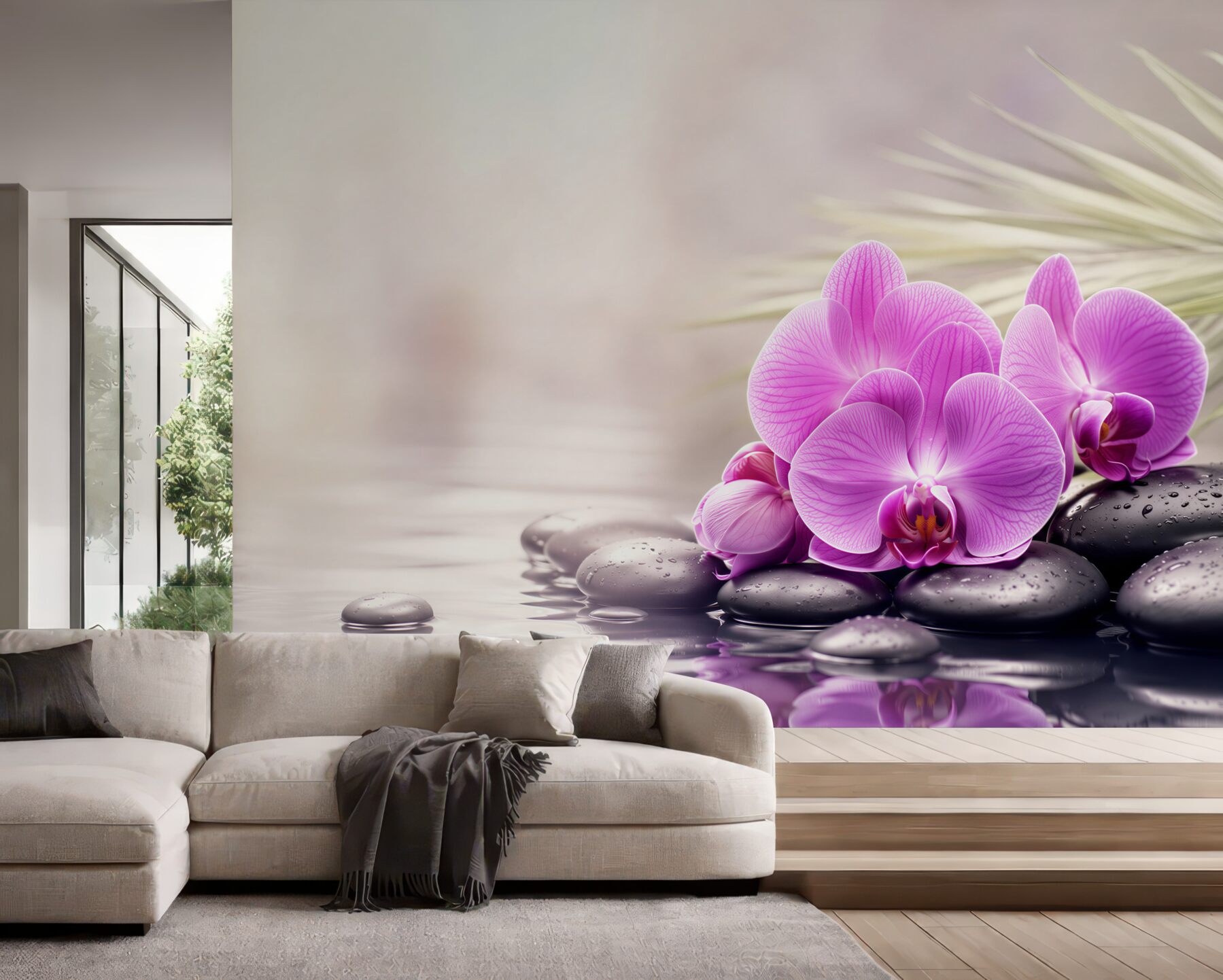 Fototapeta fioletowa orchidea na czarnym kamieniu w pobliżu wody?v2345