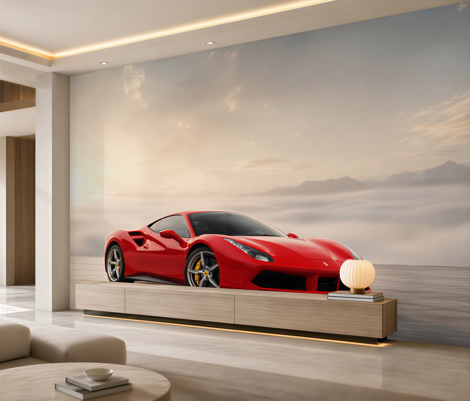 Fototapeta Jasnoczerwone Ferrari w deszczowy dzień?v2345