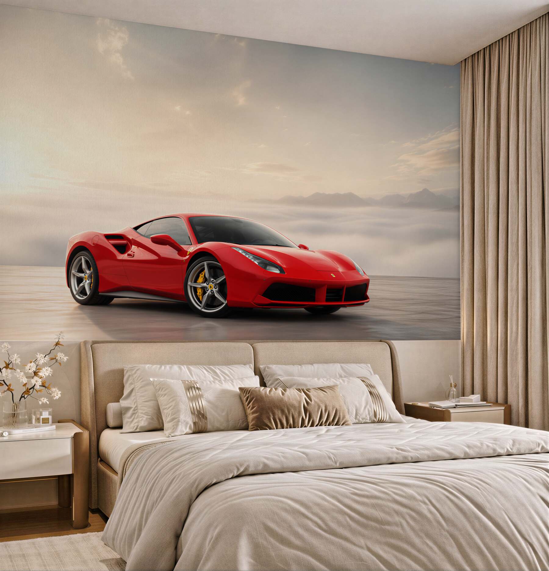 Fototapeta Jasnoczerwone Ferrari w deszczowy dzień?v2345