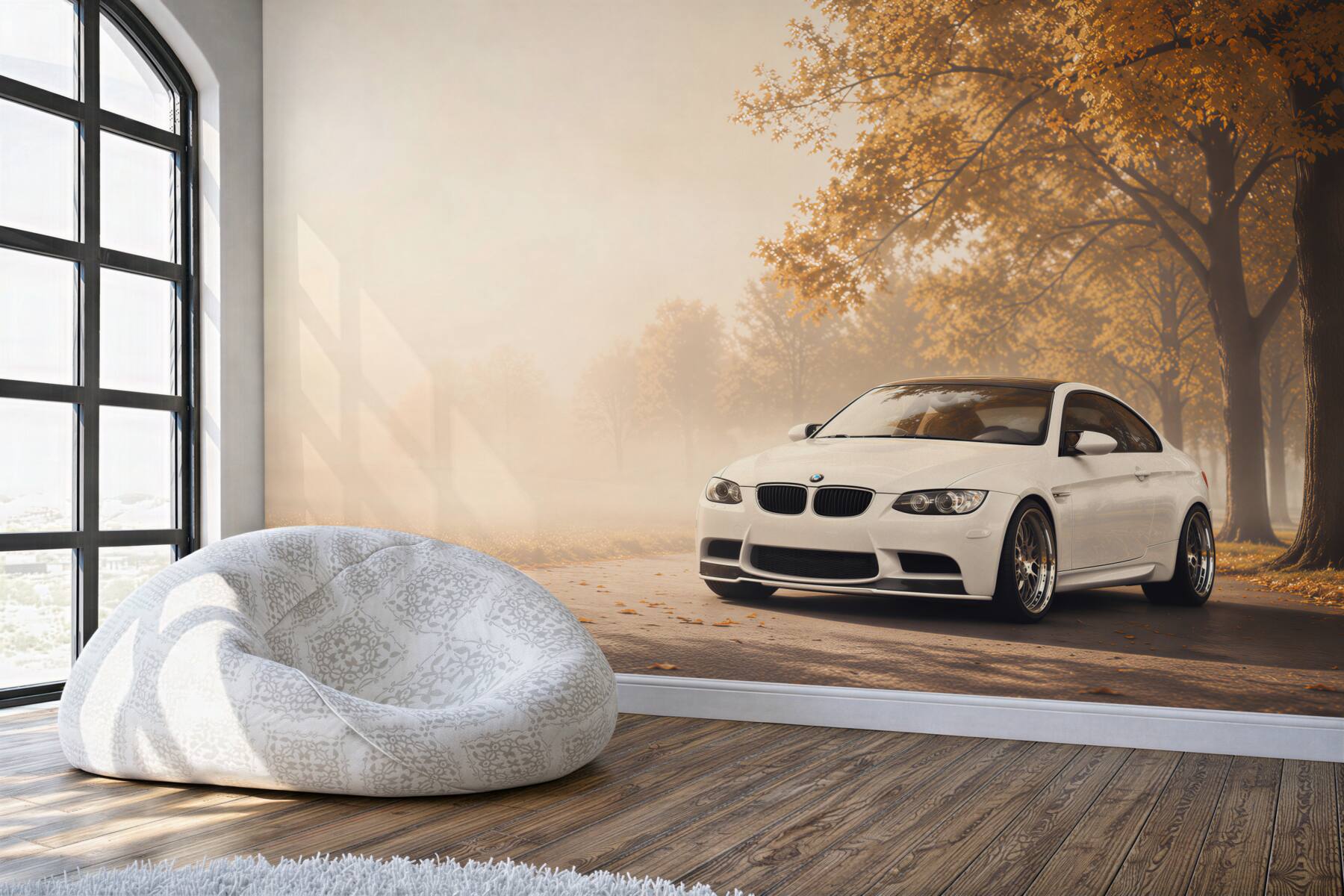 Fototapeta Białe BMW na drodze jesienią?v2345
