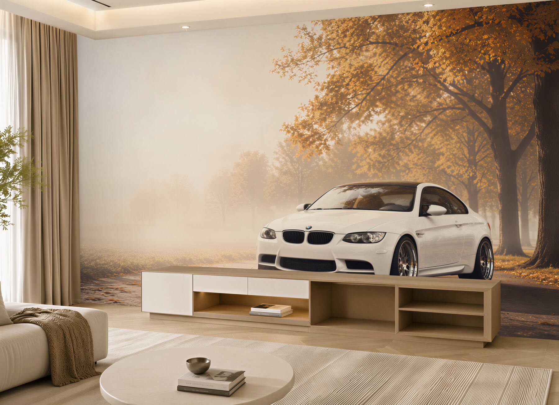Fototapeta Białe BMW na drodze jesienią?v2345