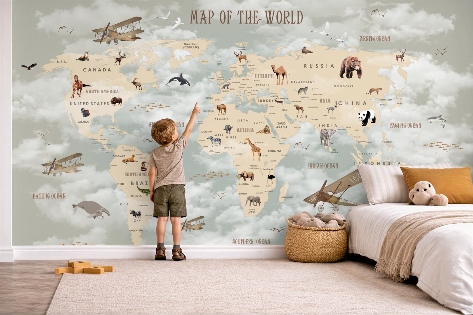 Fototapeta Mapa świata ze szczegółami dotyczącymi zwierząt i transportu?v2345