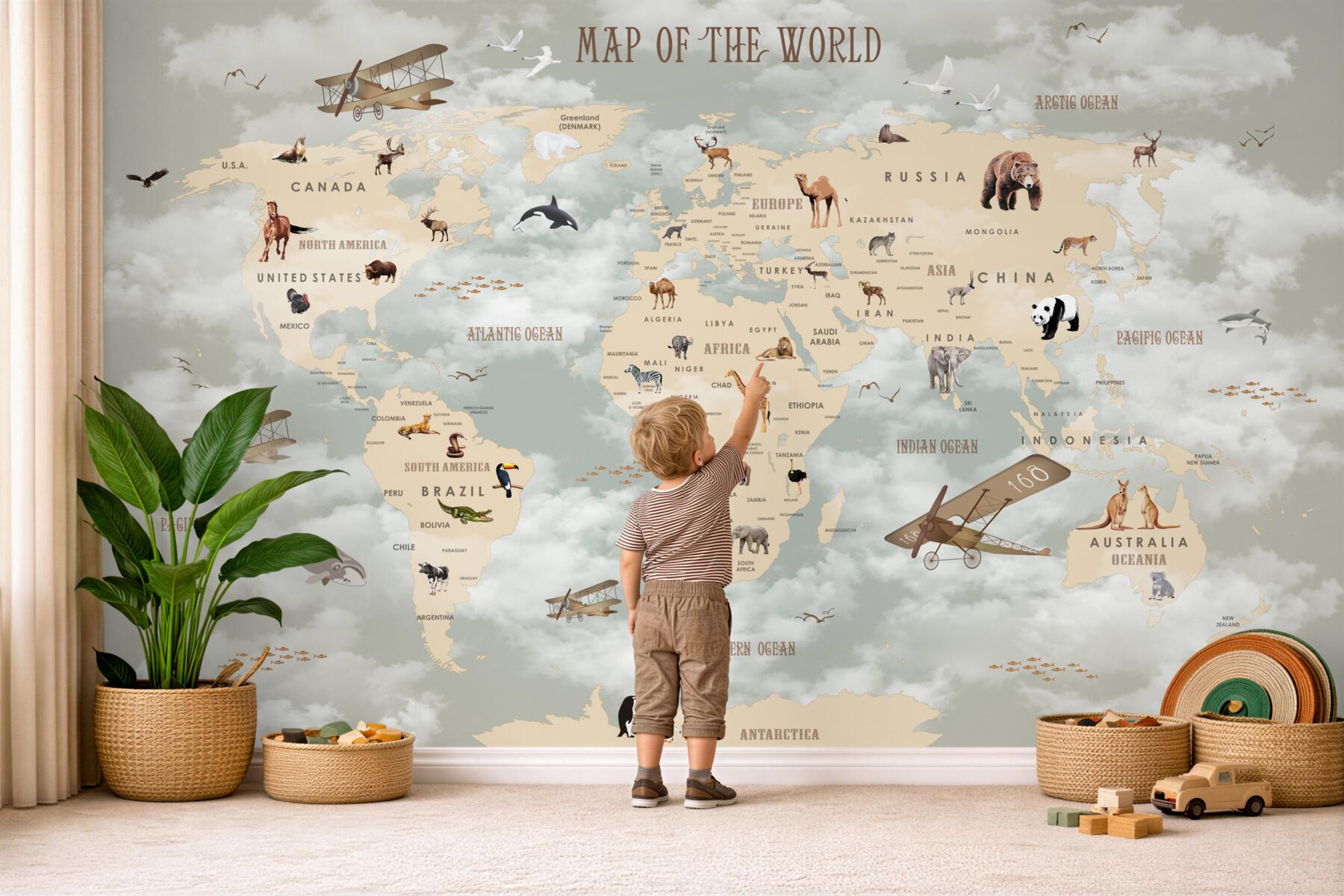 Fototapeta Mapa świata ze szczegółami dotyczącymi zwierząt i transportu?v2345