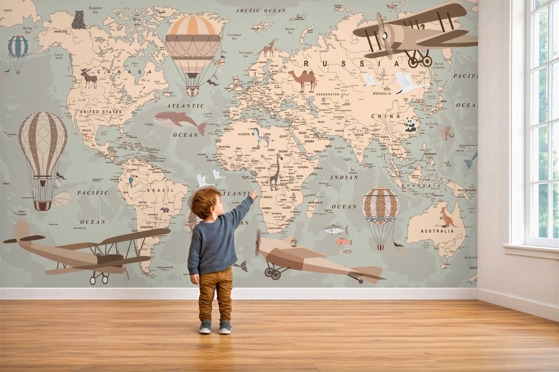 Fototapeta Mapa świata ze zwierzętami i transportem?v2345