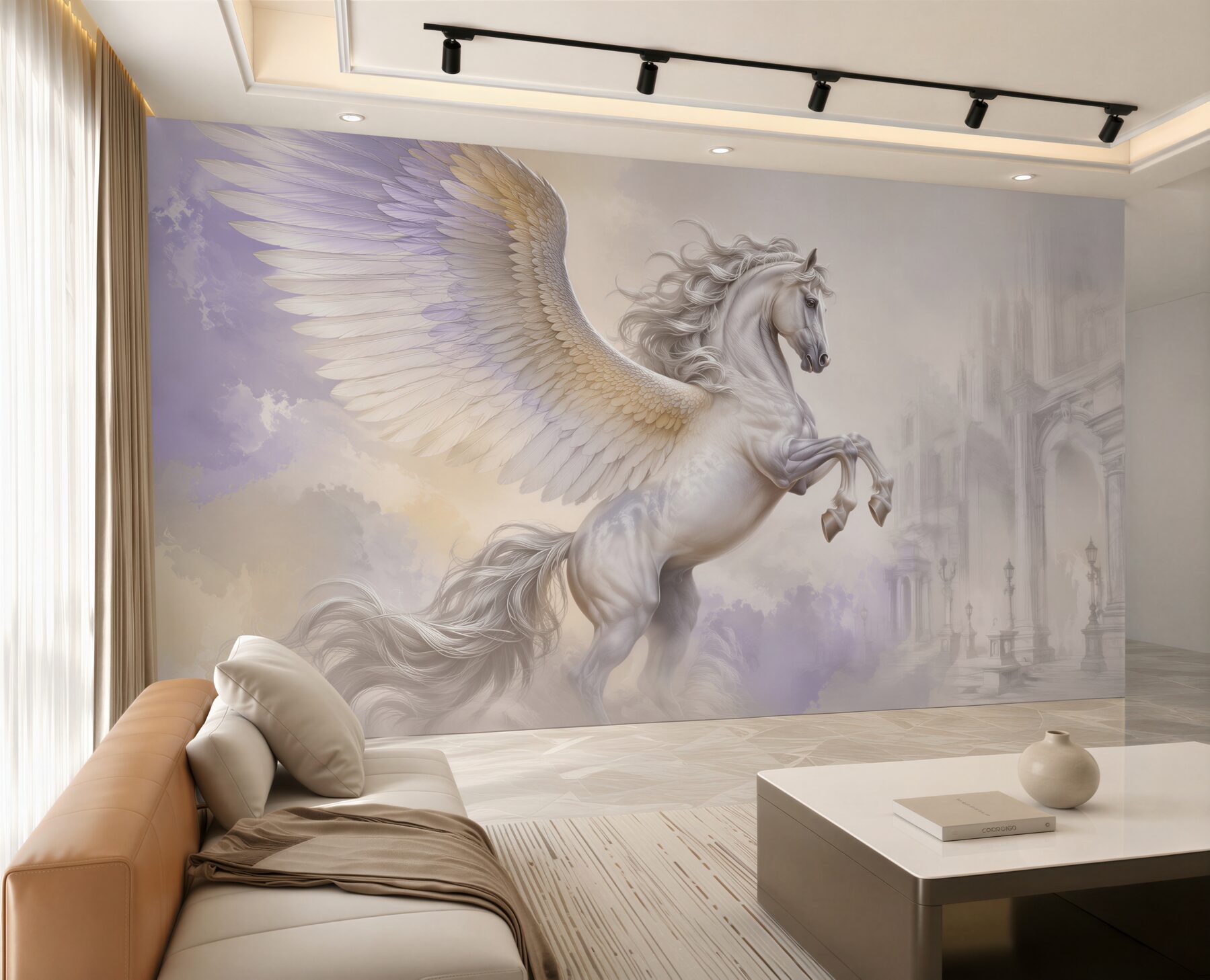 Fototapeta biały pegaz w chmurach fantasy pastelowa?v2345
