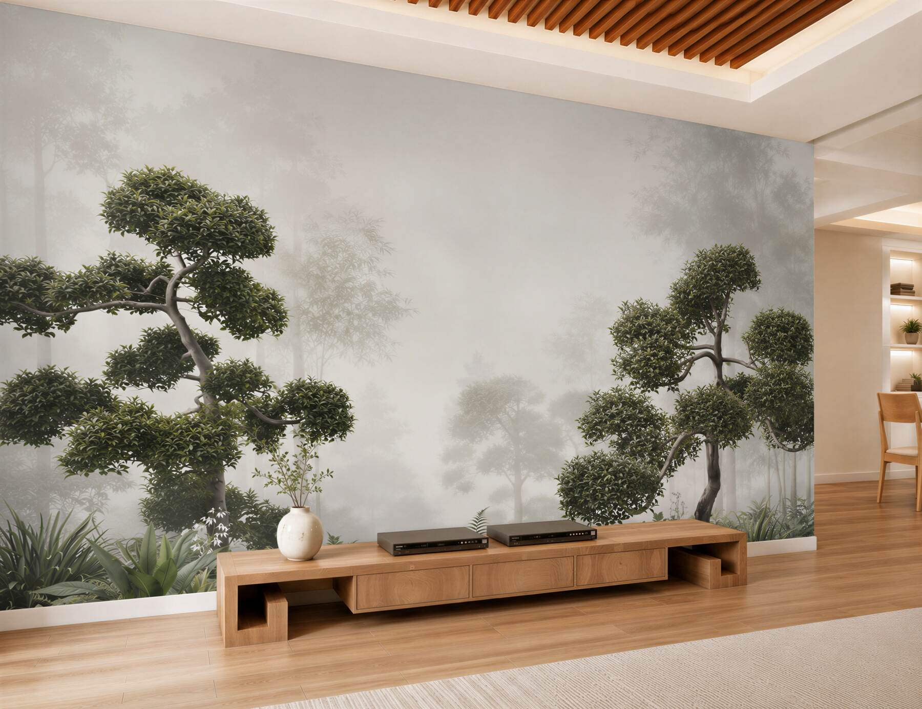 Fototapeta bonsai we mgle zielona orientalna do nowoczesnego wnętrza?v2345