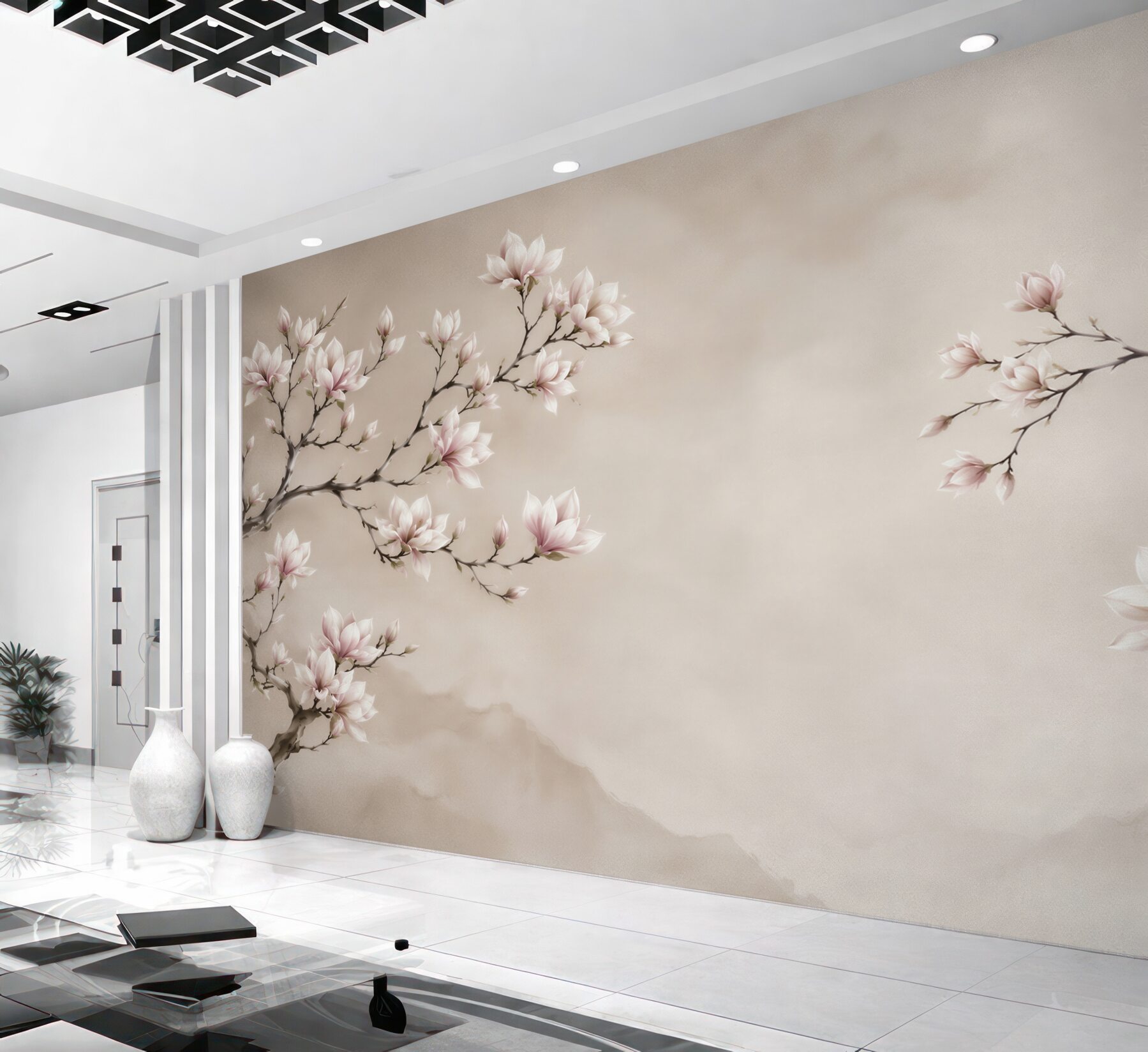 Fototapeta kwitnąca magnolia na beżowym tle w stylu orientalnym?v2345